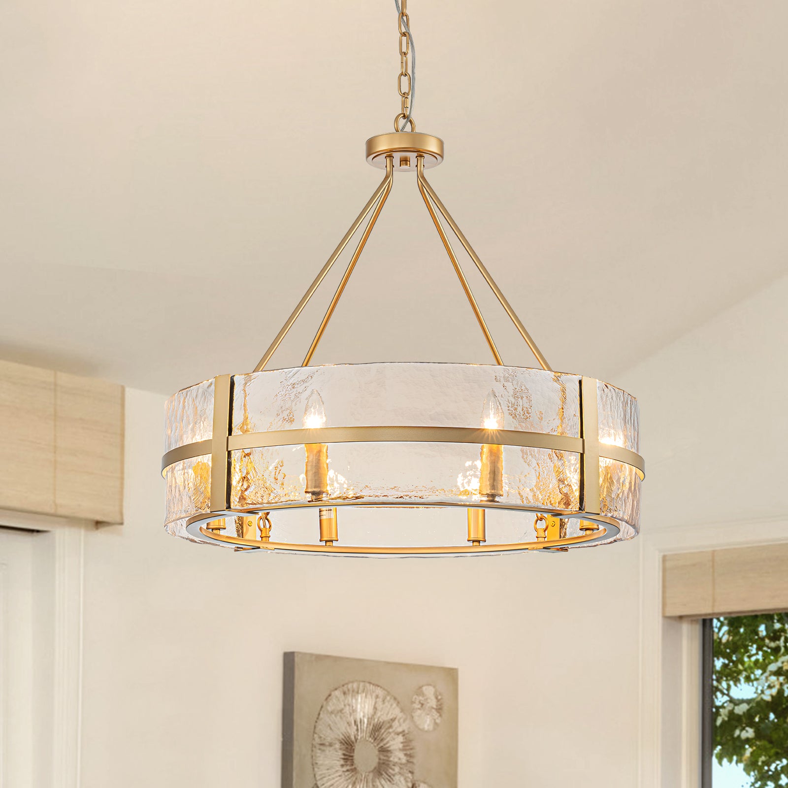 Glowlings 8-flammiger moderner, 28" breiter, großer, runder Trommel-Kronleuchter aus klarem Glas