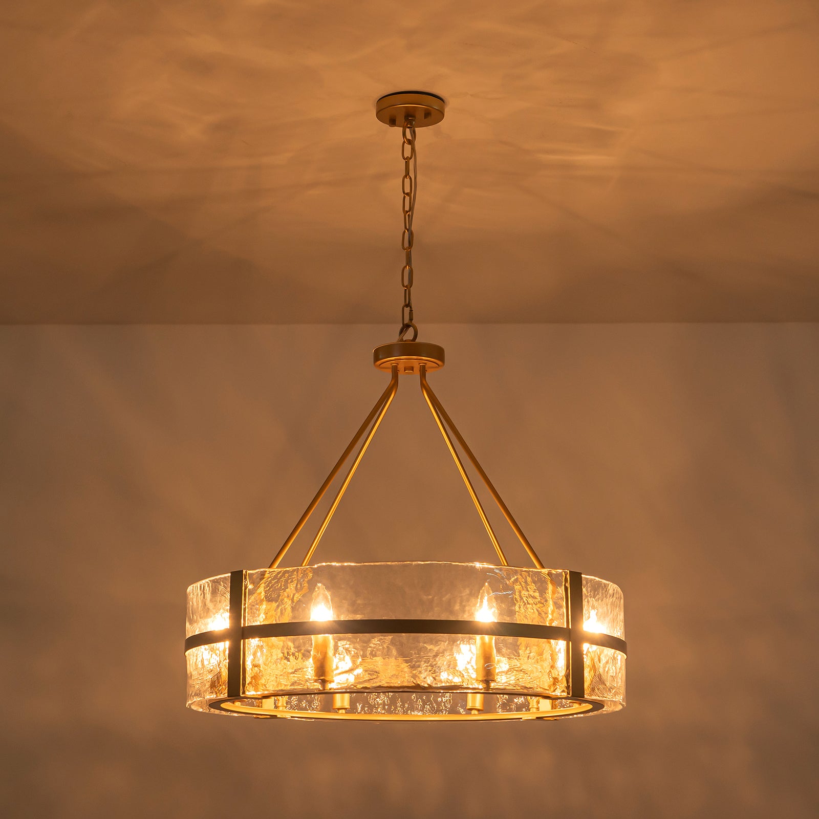 Glowlings 8-flammiger moderner, 28" breiter, großer, runder Trommel-Kronleuchter aus klarem Glas