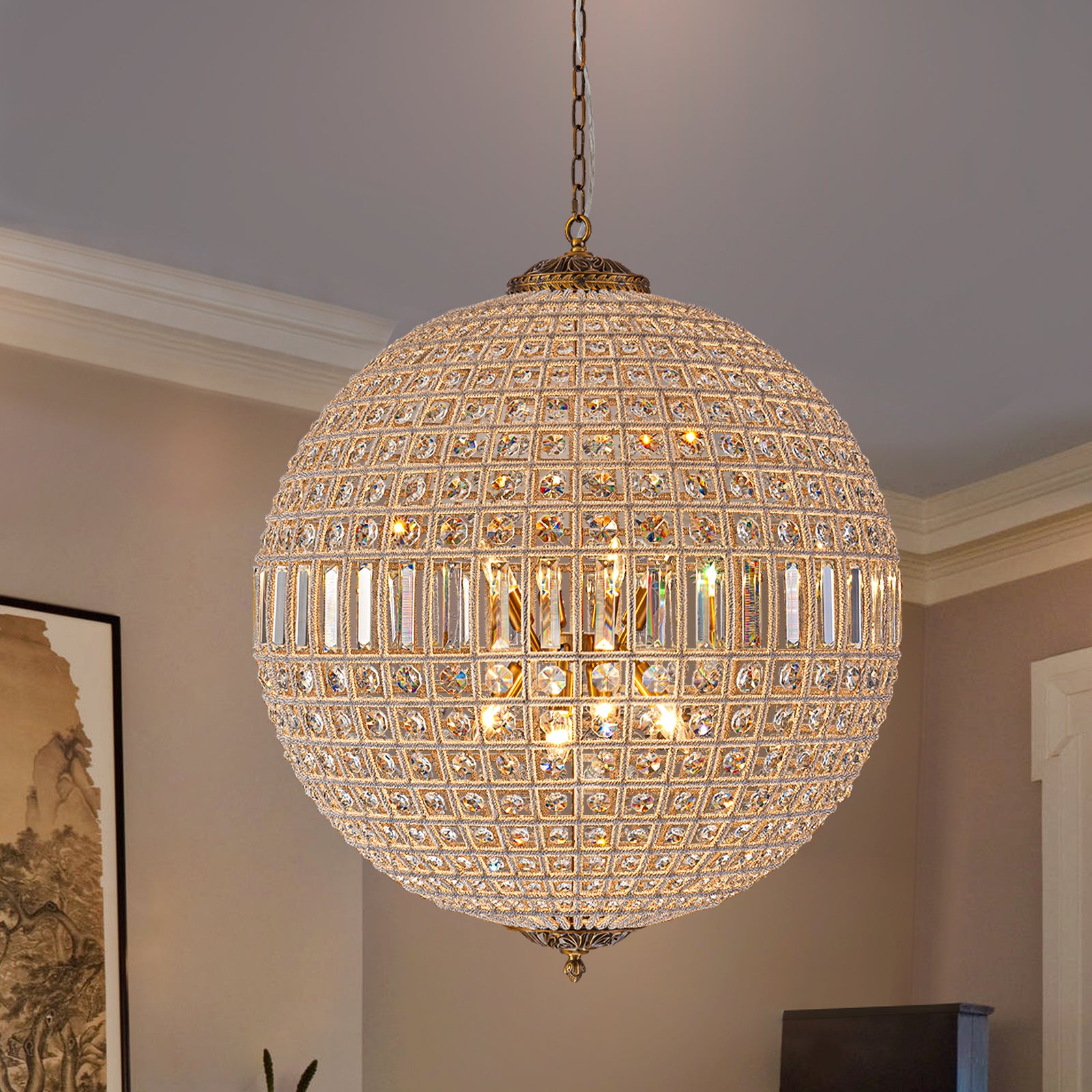 Glowlings 8-Light Luxury Empire 32"Wide Oversized Brass Globe Beaded Handmade Crystal Chandelier