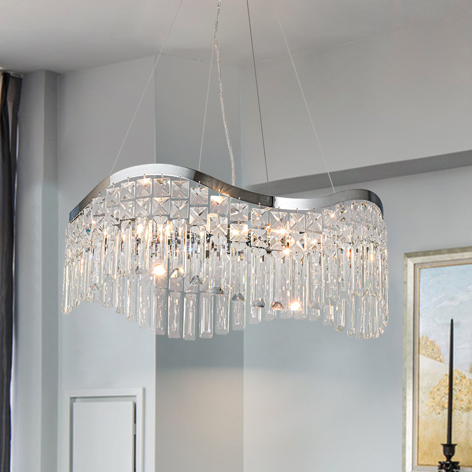 Glowlings 8-flammiger moderner 24" breiter eleganter Wellen-Kristall-Kronleuchter für Wohnzimmer