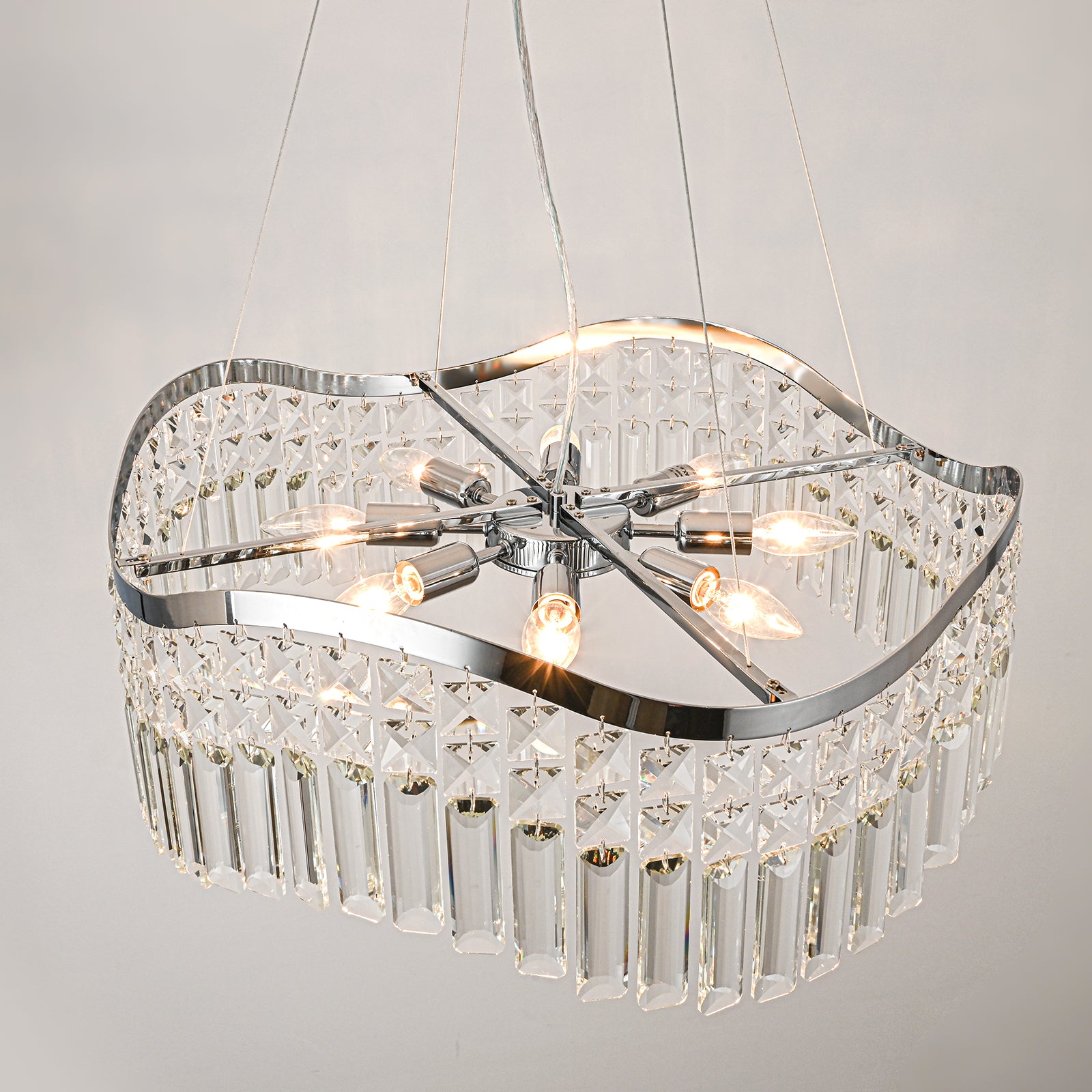 Glowlings 8-flammiger moderner 24" breiter eleganter Wellen-Kristall-Kronleuchter für Wohnzimmer