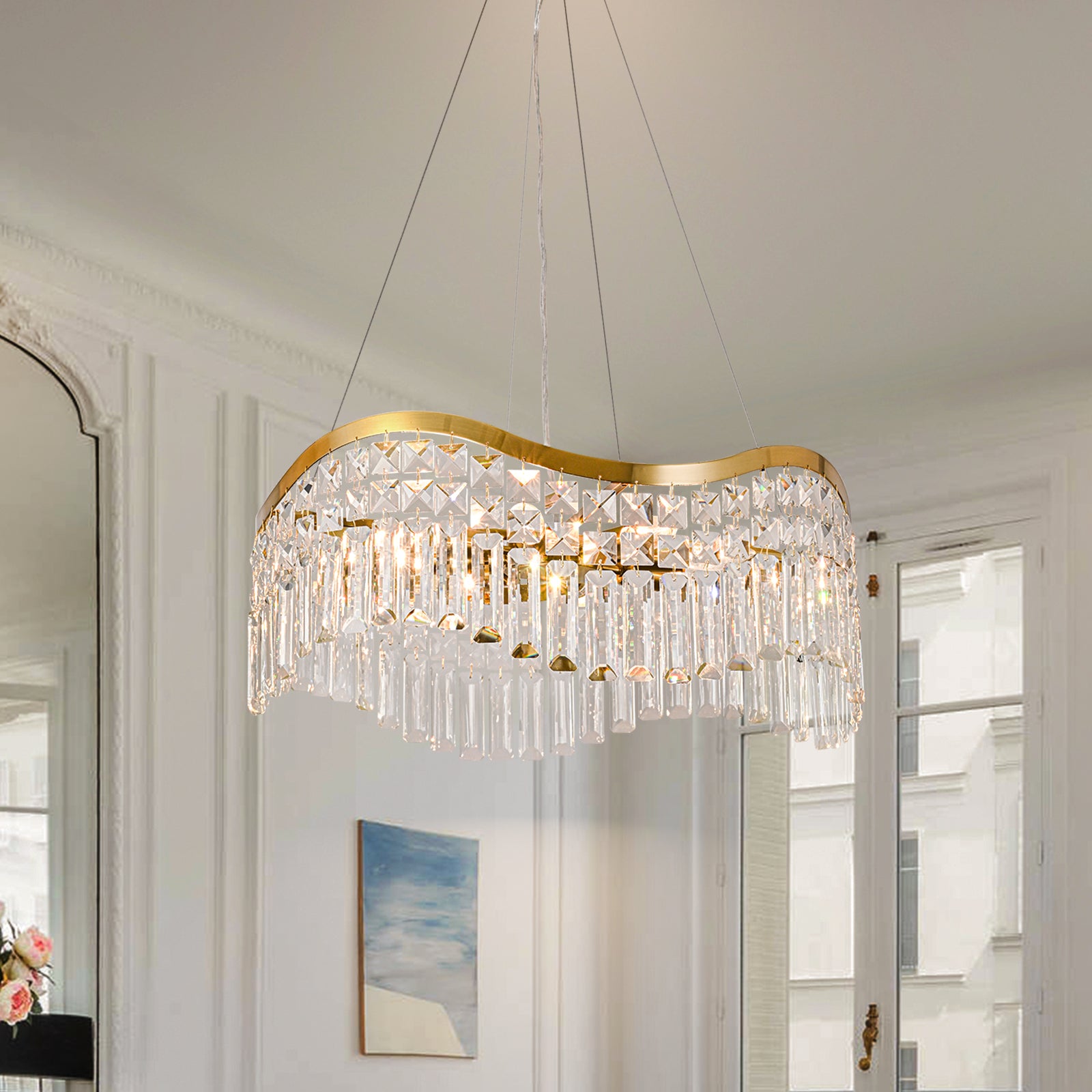 Glowlings 8-flammiger moderner 24" breiter eleganter Wellen-Kristall-Kronleuchter für Wohnzimmer