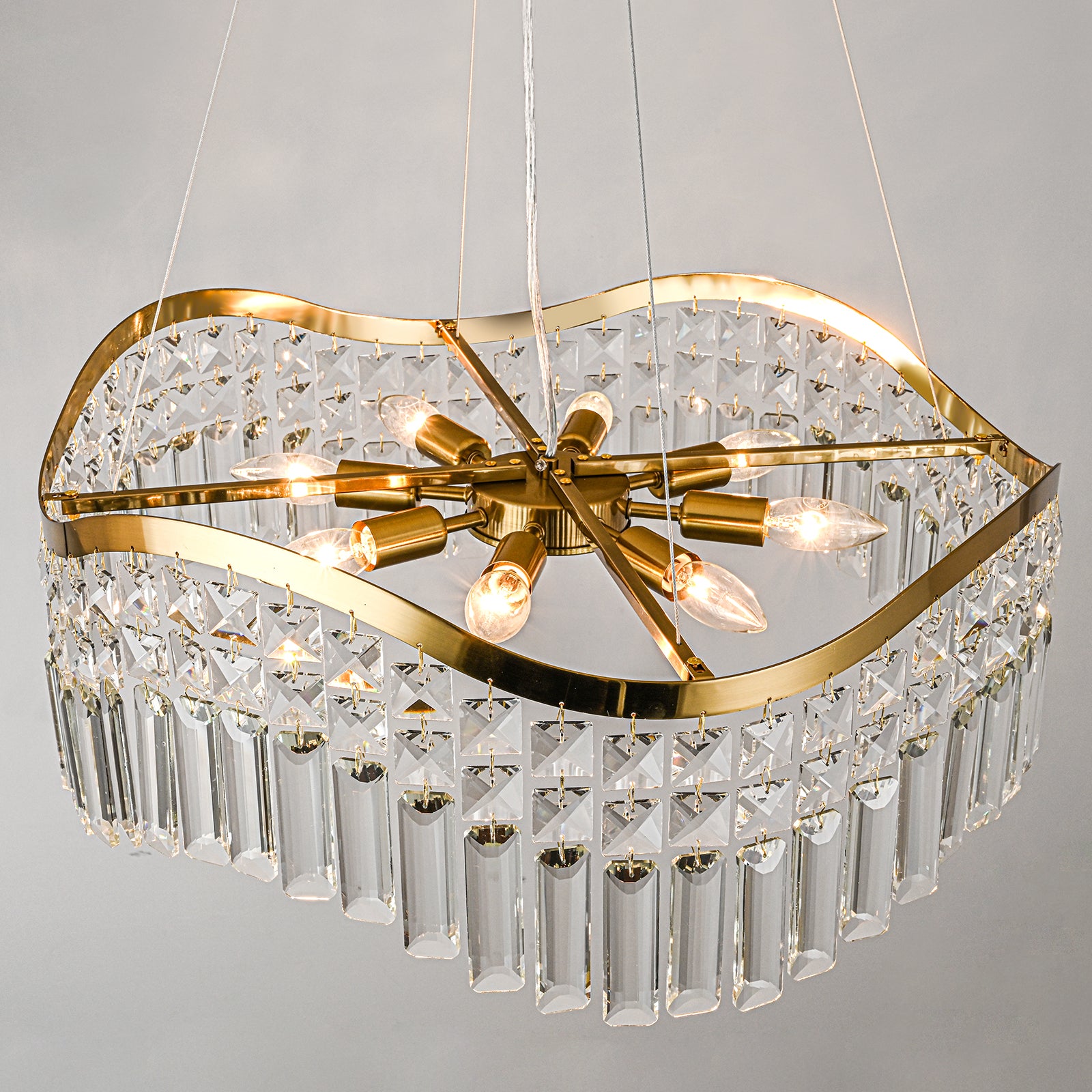 Glowlings 8-flammiger moderner 24" breiter eleganter Wellen-Kristall-Kronleuchter für Wohnzimmer