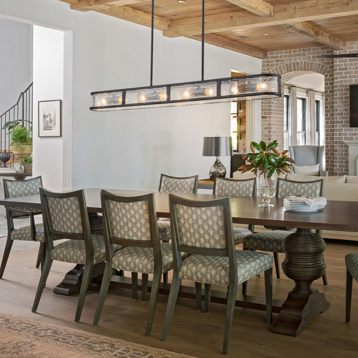 Glowlings Modern 48"Wide Black Rectangular Chandelier, 8-Light Kitchen Island Pendant Light with Water Ripple Glass Shade
