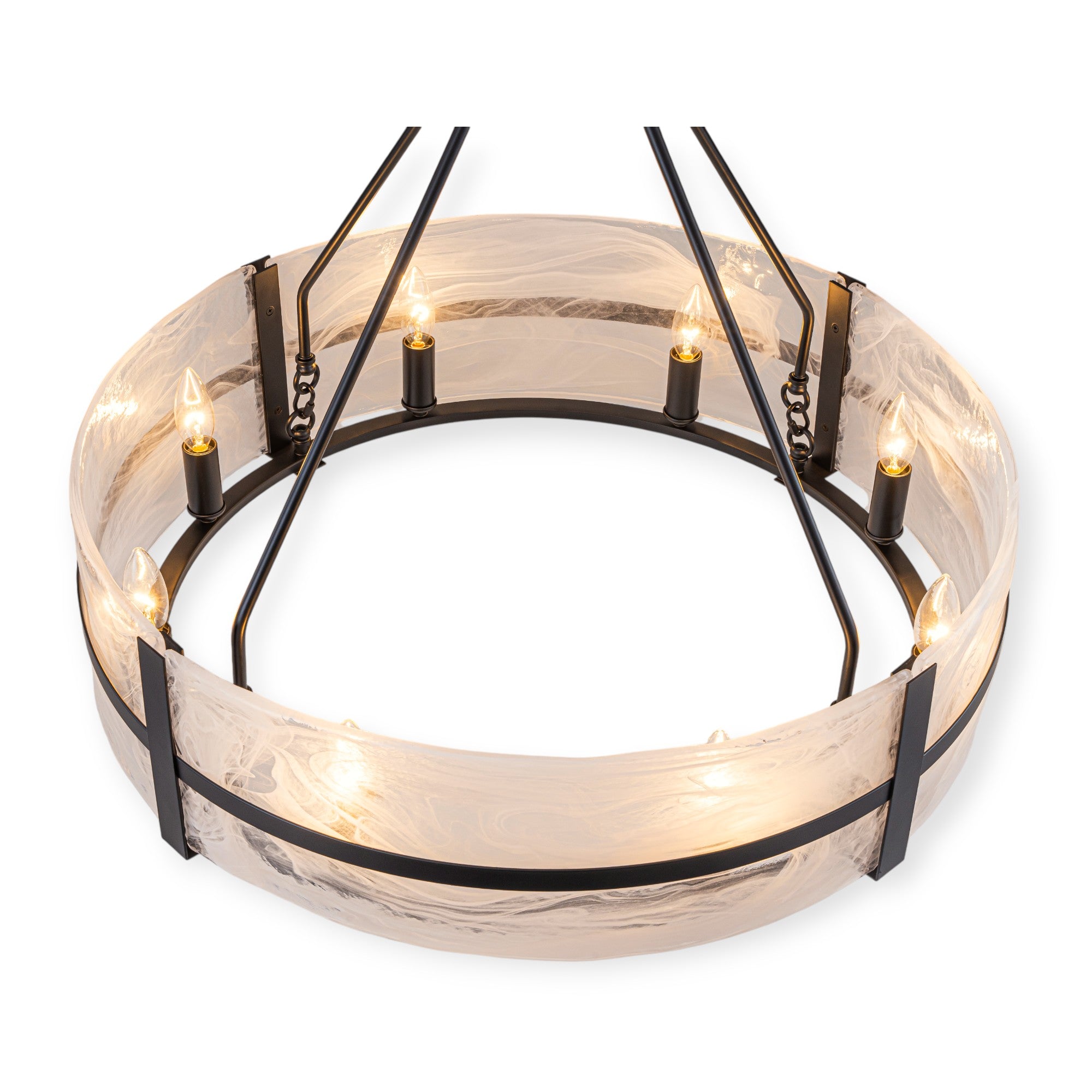 Glowlings 8-flammiger moderner, 28" breiter, großer, runder Trommel-Kronleuchter aus klarem Glas