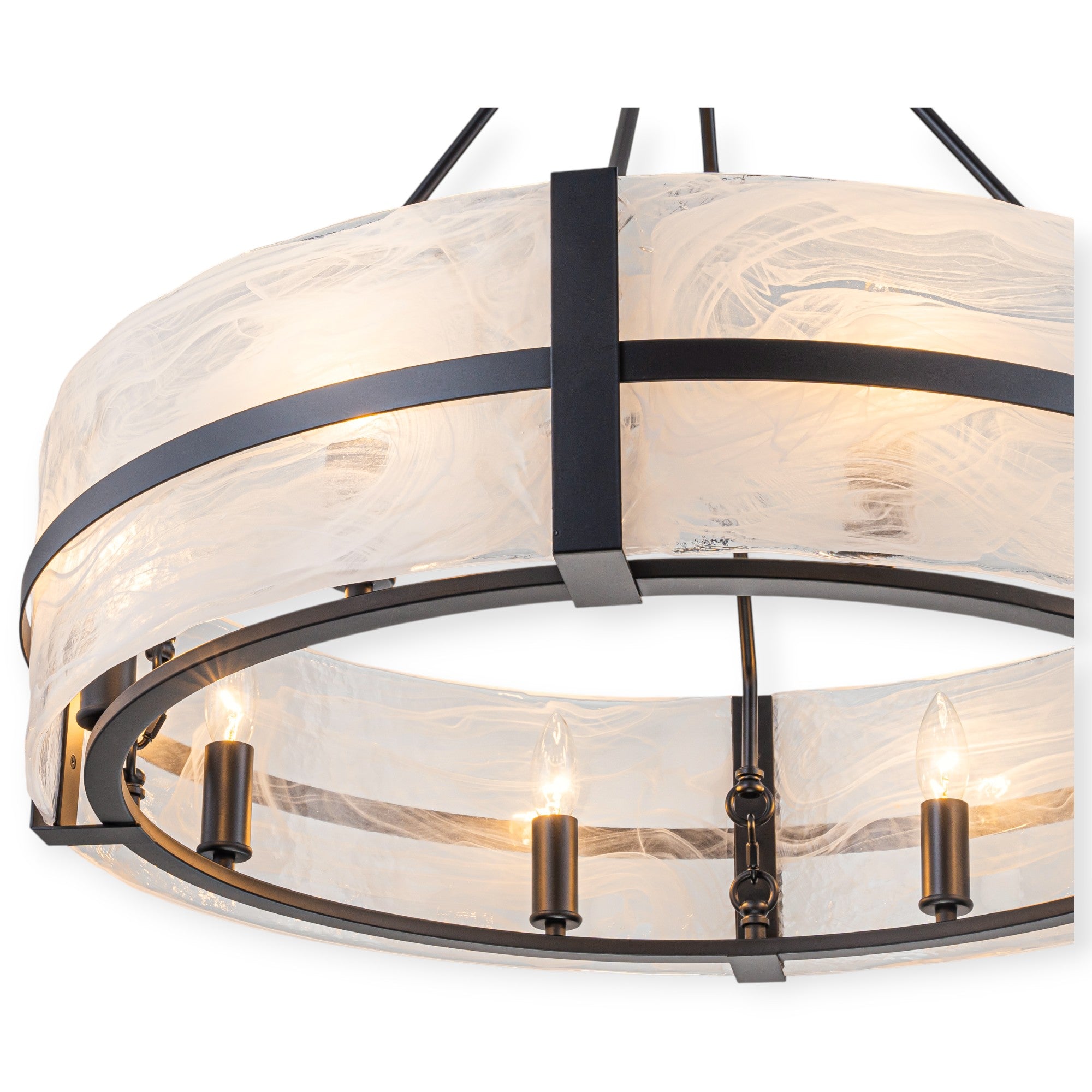 Glowlings 8-flammiger moderner, 28" breiter, großer, runder Trommel-Kronleuchter aus klarem Glas