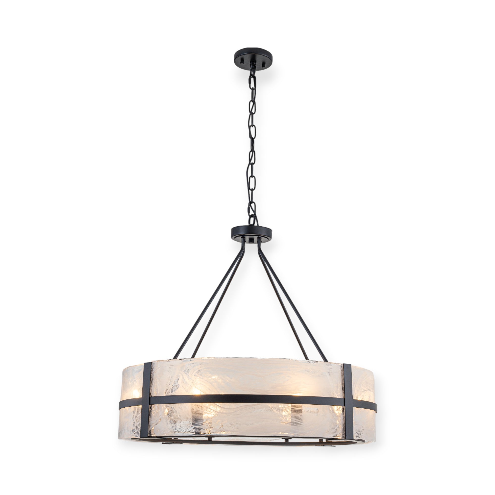 Glowlings 8-flammiger moderner, 28" breiter, großer, runder Trommel-Kronleuchter aus klarem Glas