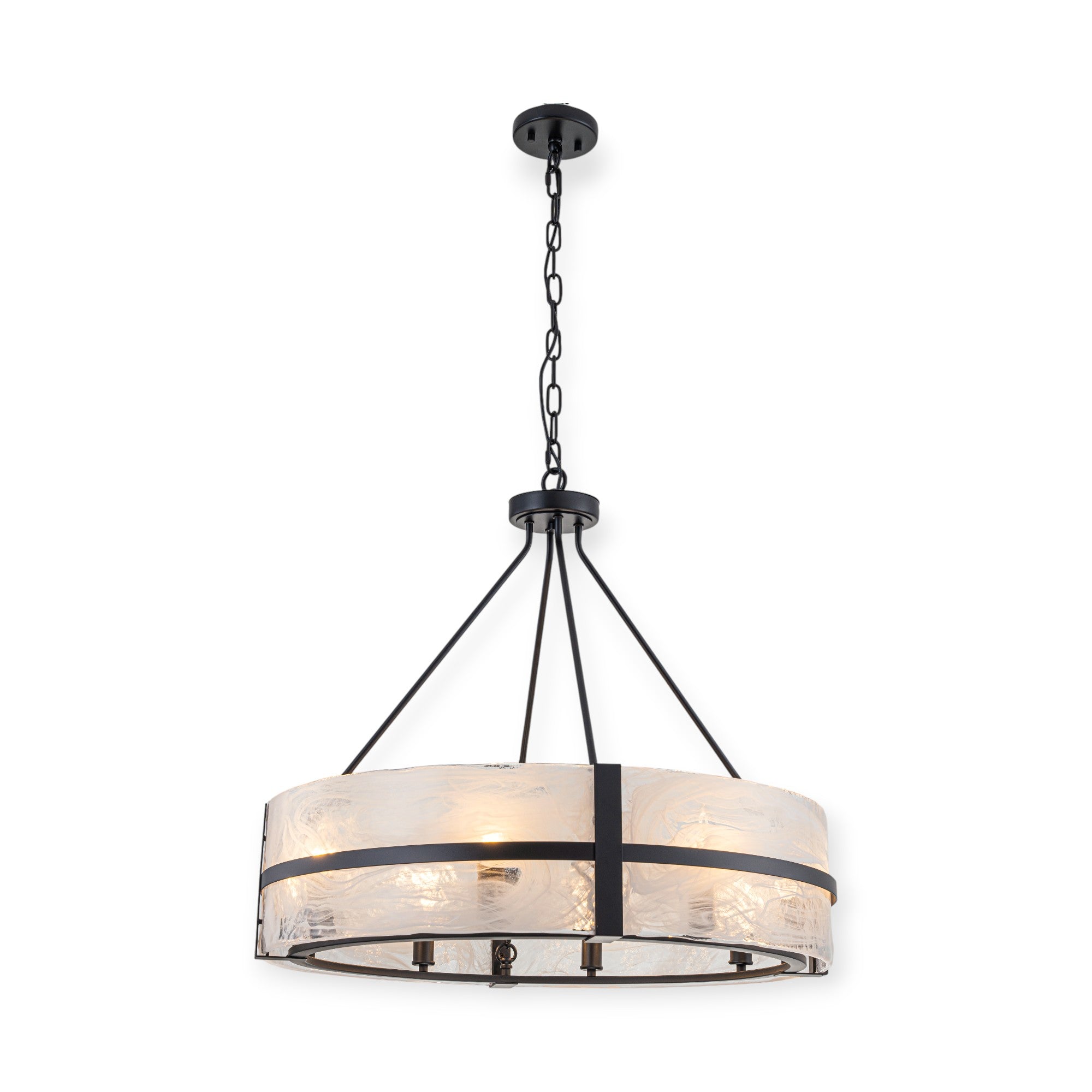 Glowlings 8-flammiger moderner, 28" breiter, großer, runder Trommel-Kronleuchter aus klarem Glas