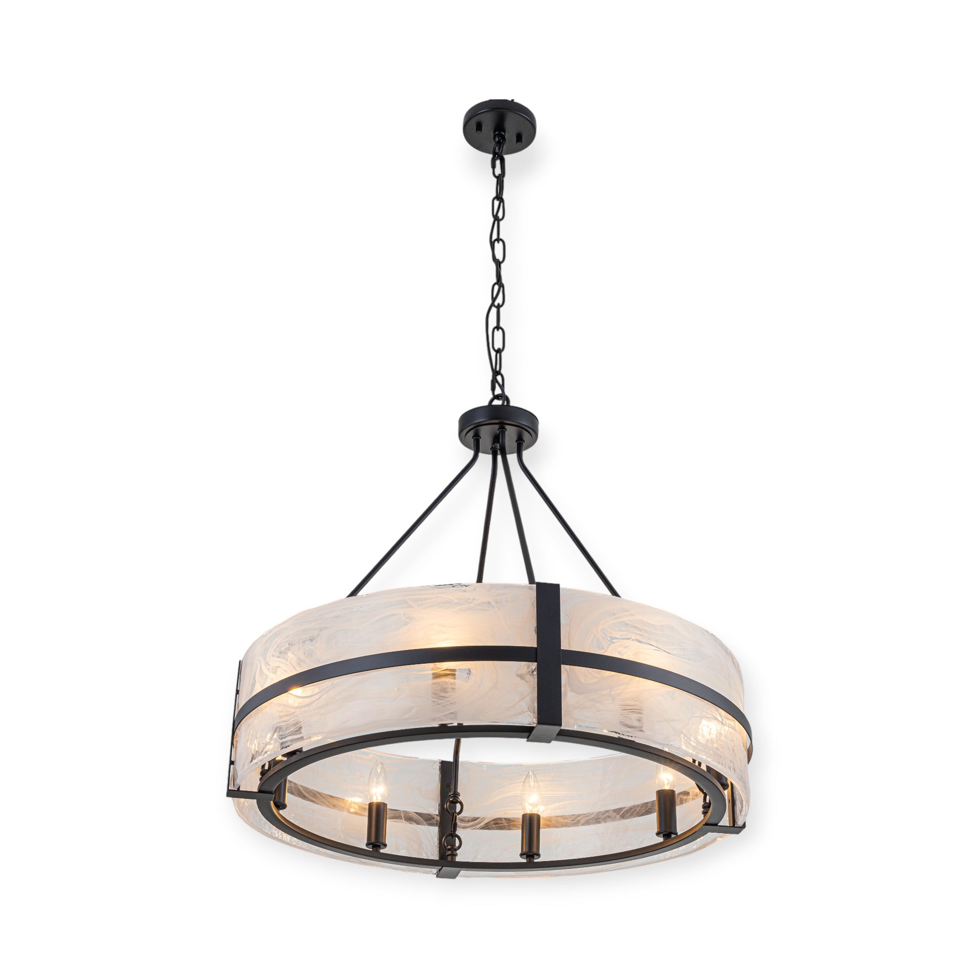 Glowlings 8-flammiger moderner, 28" breiter, großer, runder Trommel-Kronleuchter aus klarem Glas