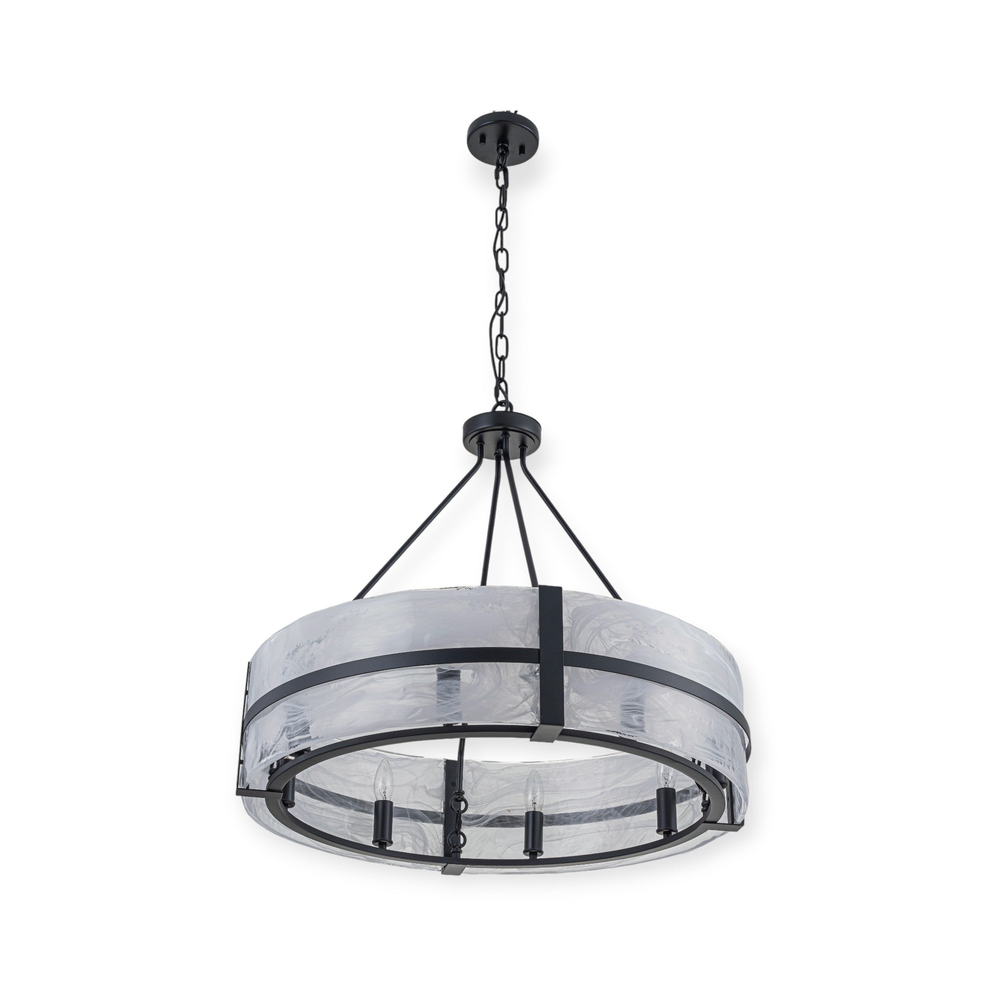 Glowlings 8-flammiger moderner, 28" breiter, großer, runder Trommel-Kronleuchter aus klarem Glas