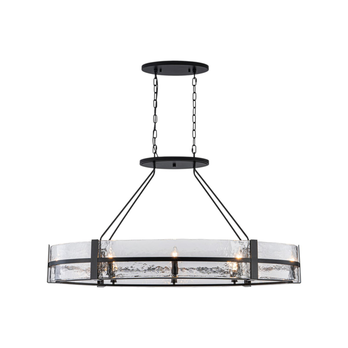 Glowlings 8-Light Modern Oval Glass Chandelier, Matte Black with Water Ripple Textured Glass, Linear Kitchen Island Pendant Light