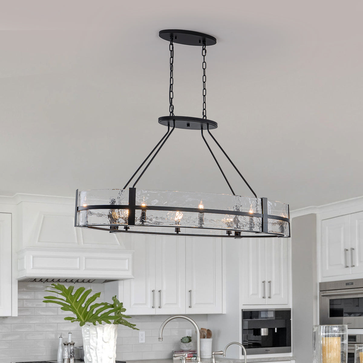 Glowlings 8-Light Modern Oval Glass Chandelier, Matte Black with Water Ripple Textured Glass, Linear Kitchen Island Pendant Light