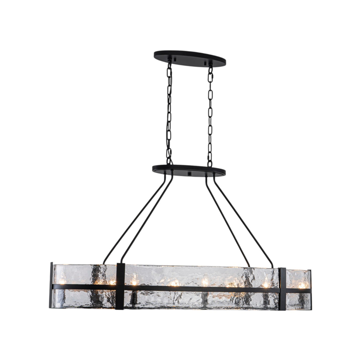 Glowlings 8-Light Modern Oval Glass Chandelier, Matte Black with Water Ripple Textured Glass, Linear Kitchen Island Pendant Light