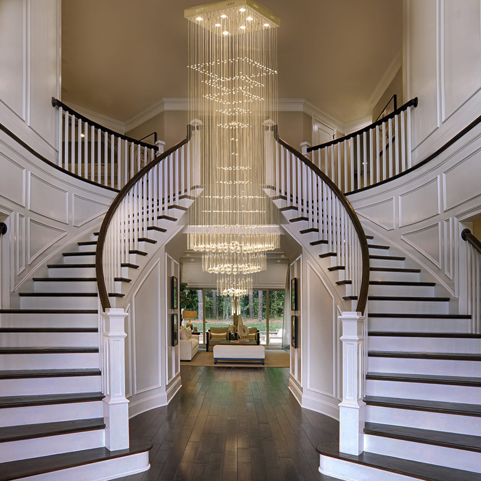 Glowlings 8-Light 98"H Modern Square Tiered Raindrop Crystal Foyer Chandelier For High Ceiling