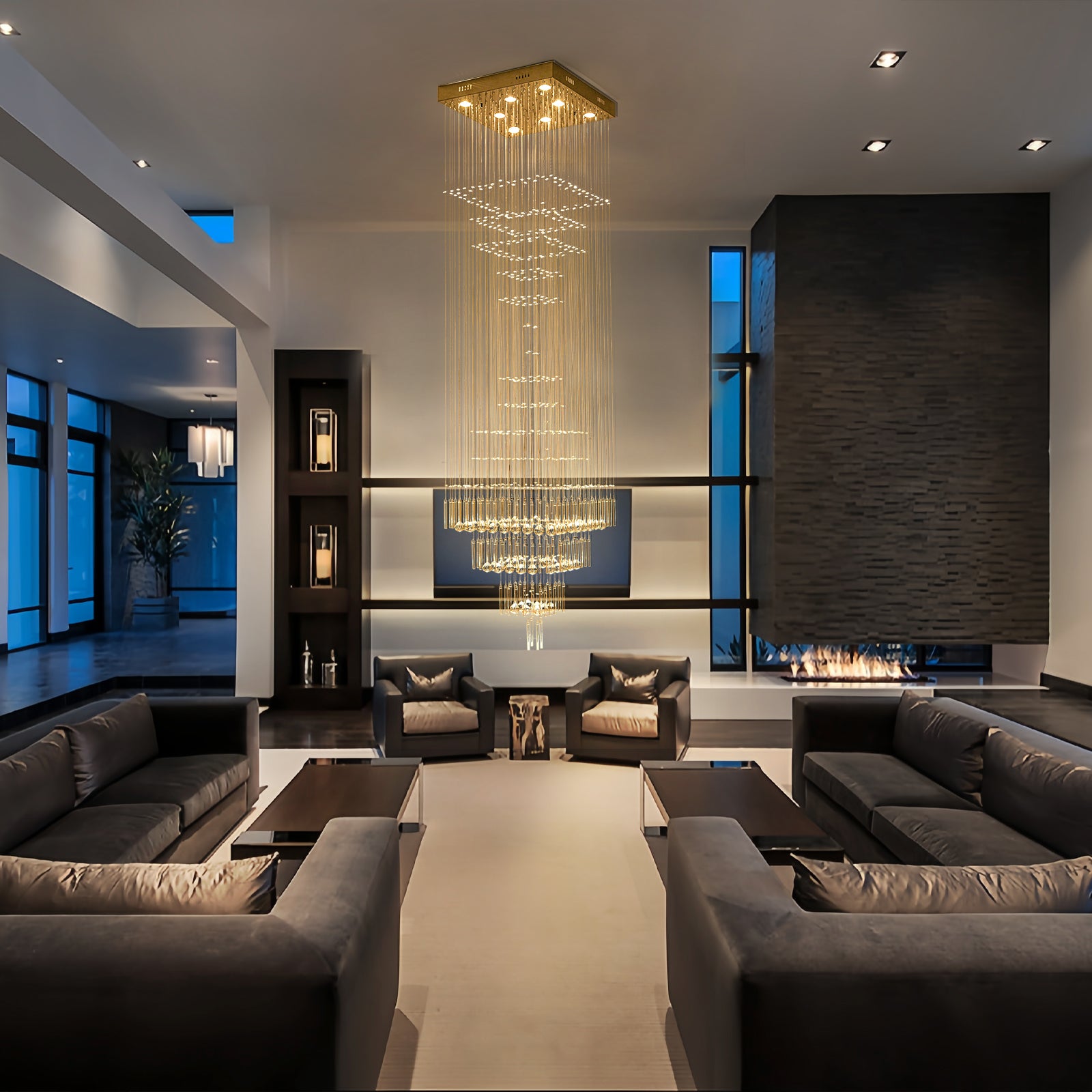 Glowlings 8-Light 98"H Modern Square Tiered Raindrop Crystal Foyer Chandelier For High Ceiling