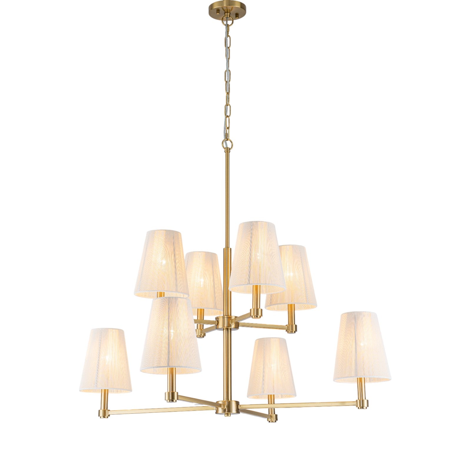 Glowlings 8-Light Transitional 33"Wide 2-Tied Brass Cone Bleached Natural Rope Chandelier