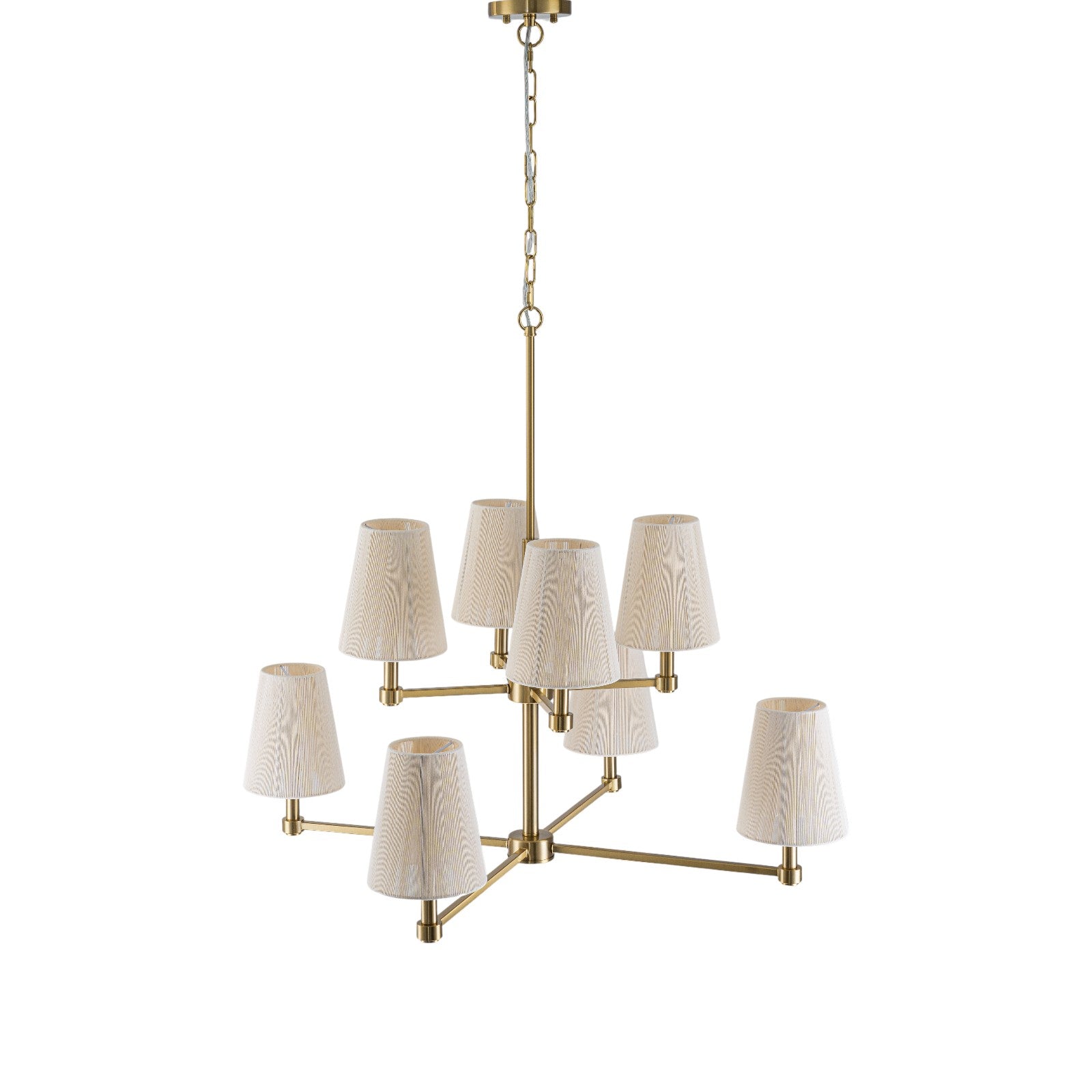 Glowlings 8-Light Transitional 33"Wide 2-Tied Brass Cone Bleached Natural Rope Chandelier