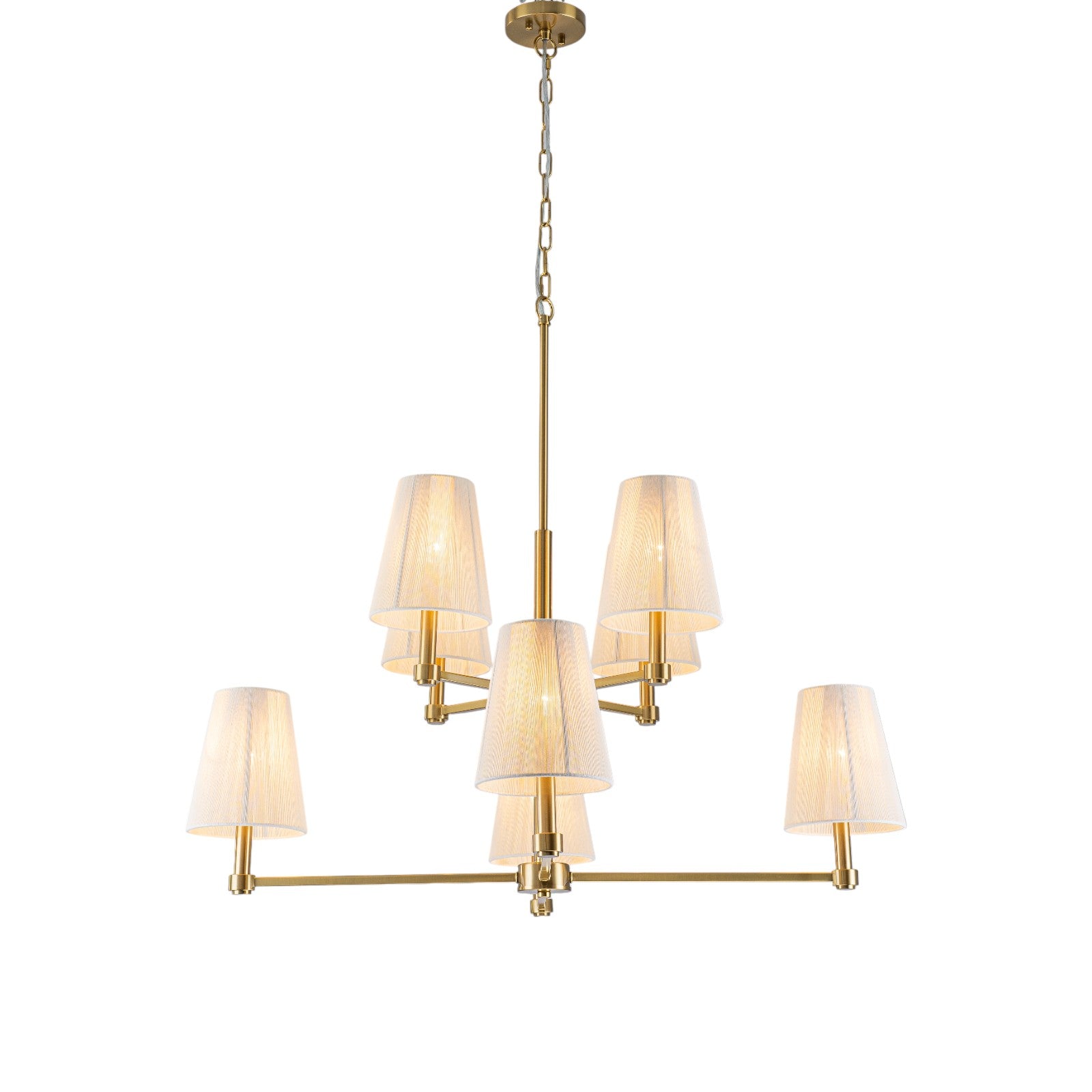 Glowlings 8-Light Transitional 33"Wide 2-Tied Brass Cone Bleached Natural Rope Chandelier