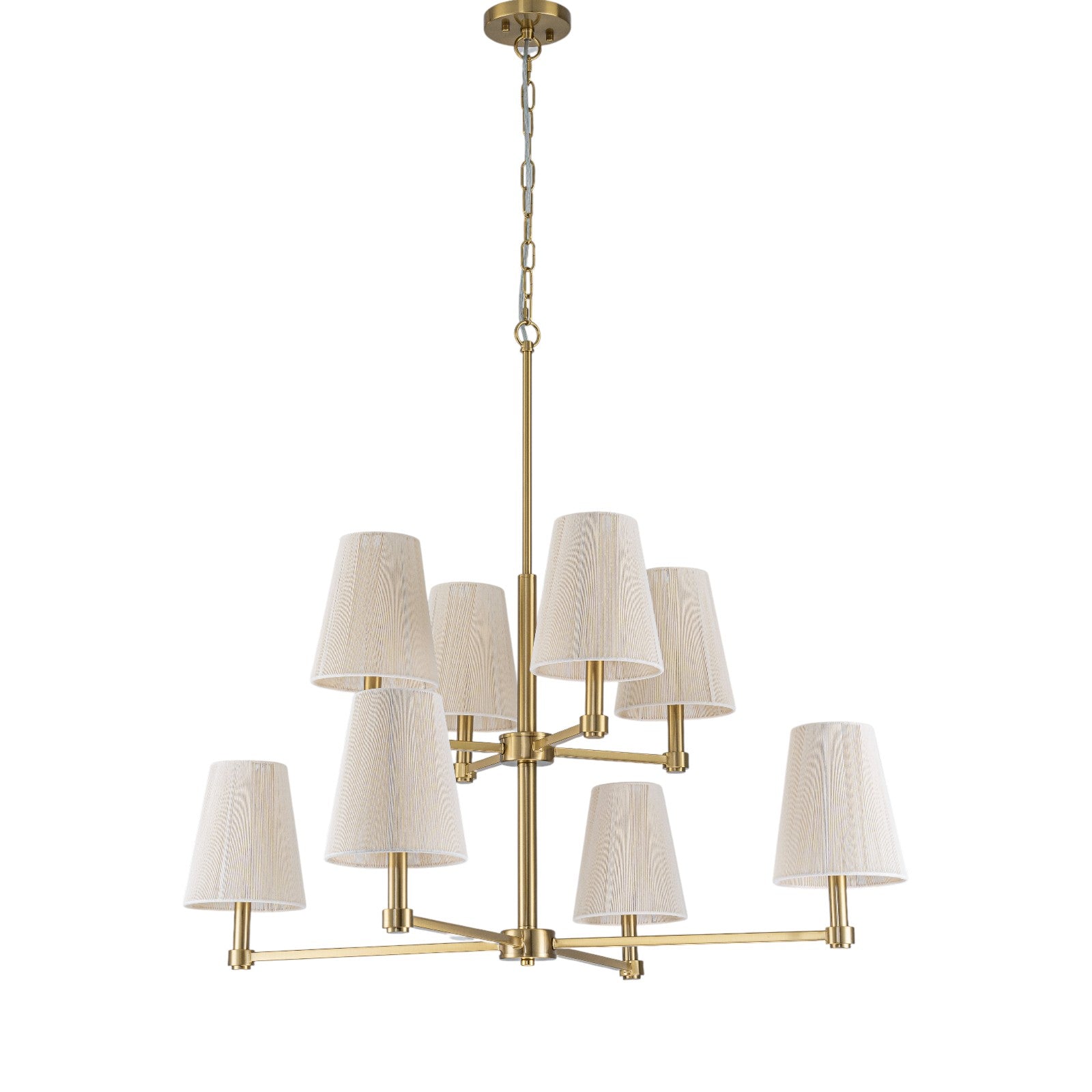 Glowlings 8-Light Transitional 33"Wide 2-Tied Brass Cone Bleached Natural Rope Chandelier
