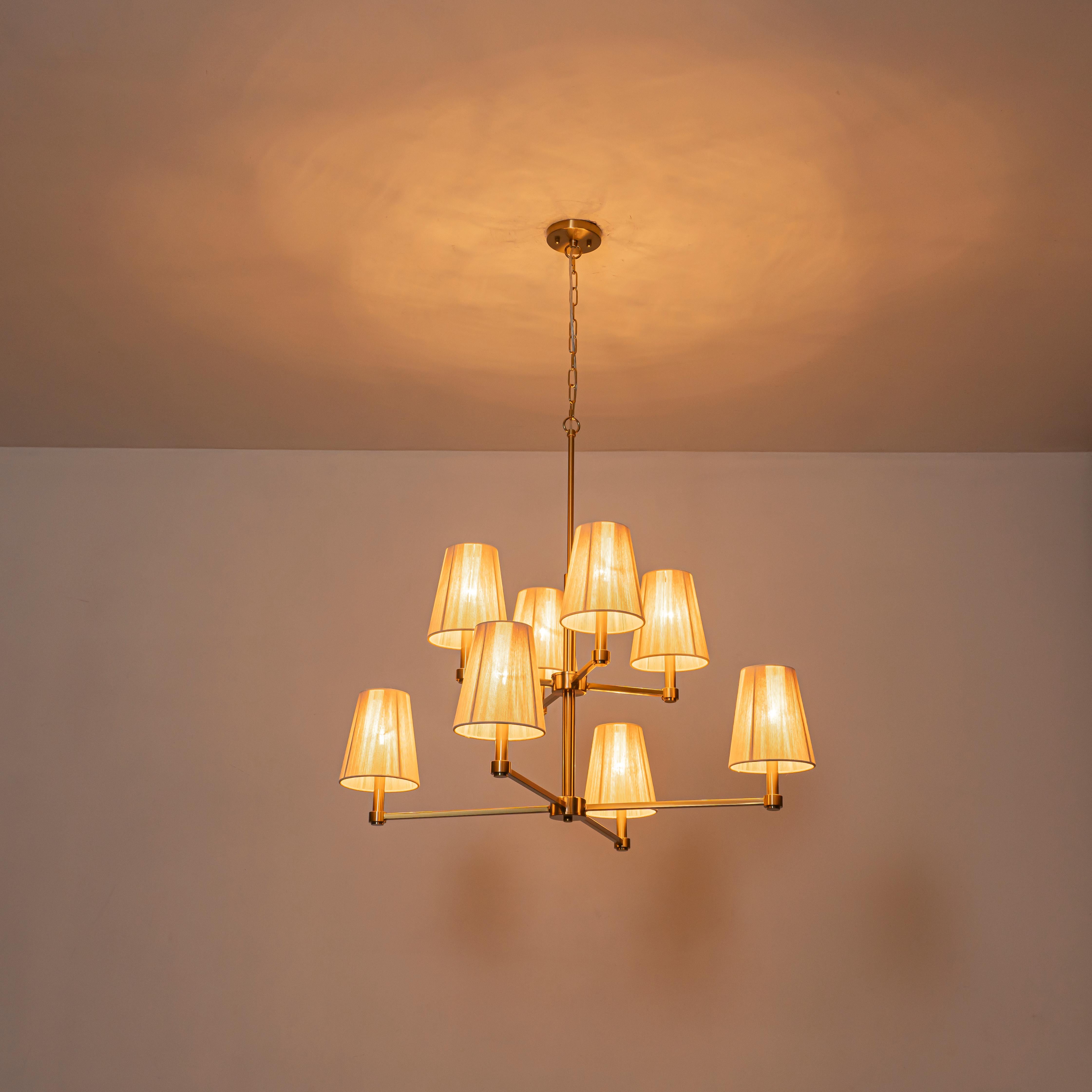 Glowlings 8-Light Transitional 33"Wide 2-Tied Brass Cone Bleached Natural Rope Chandelier