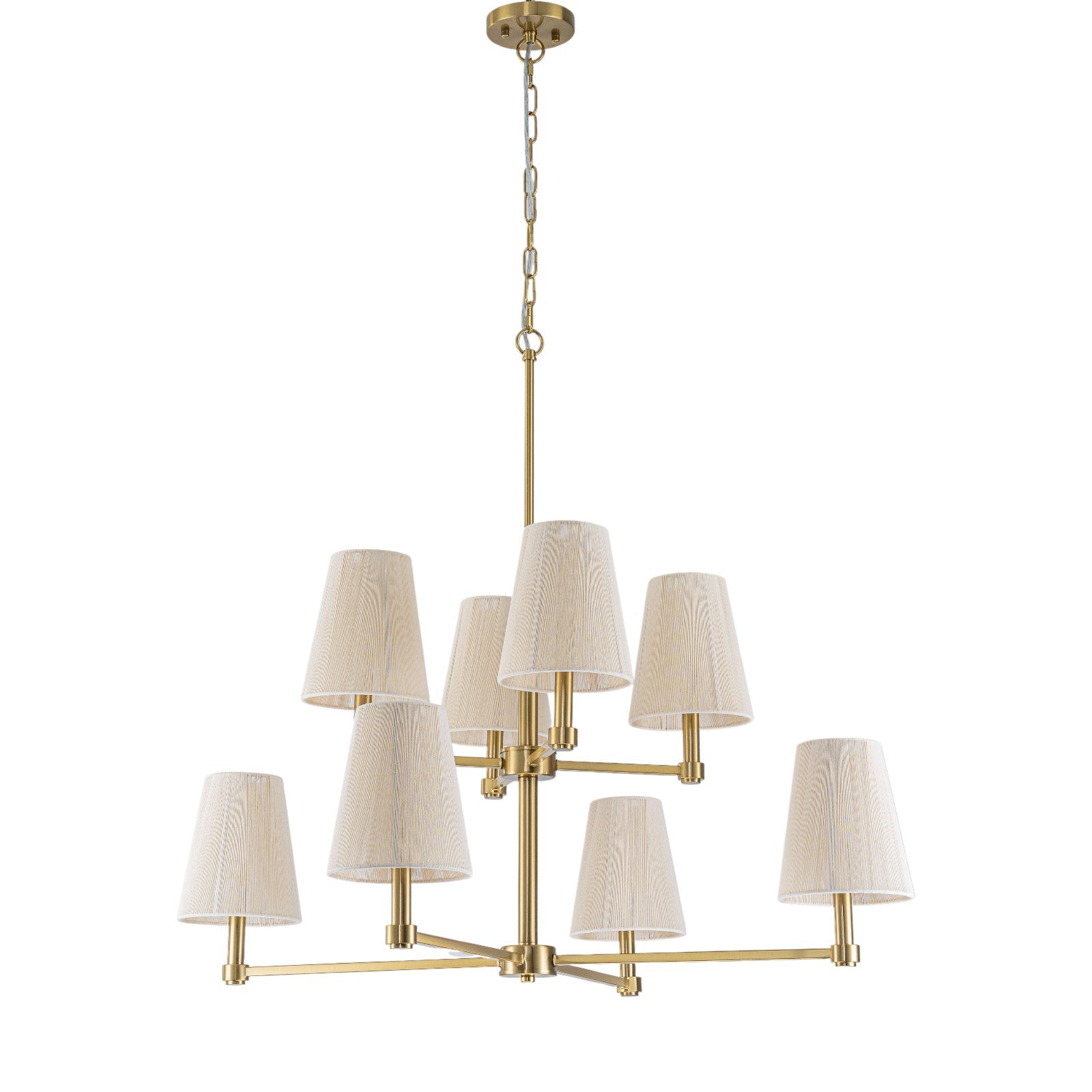 Glowlings 8-Light Transitional 33"Wide 2-Tied Brass Cone Bleached Natural Rope Chandelier