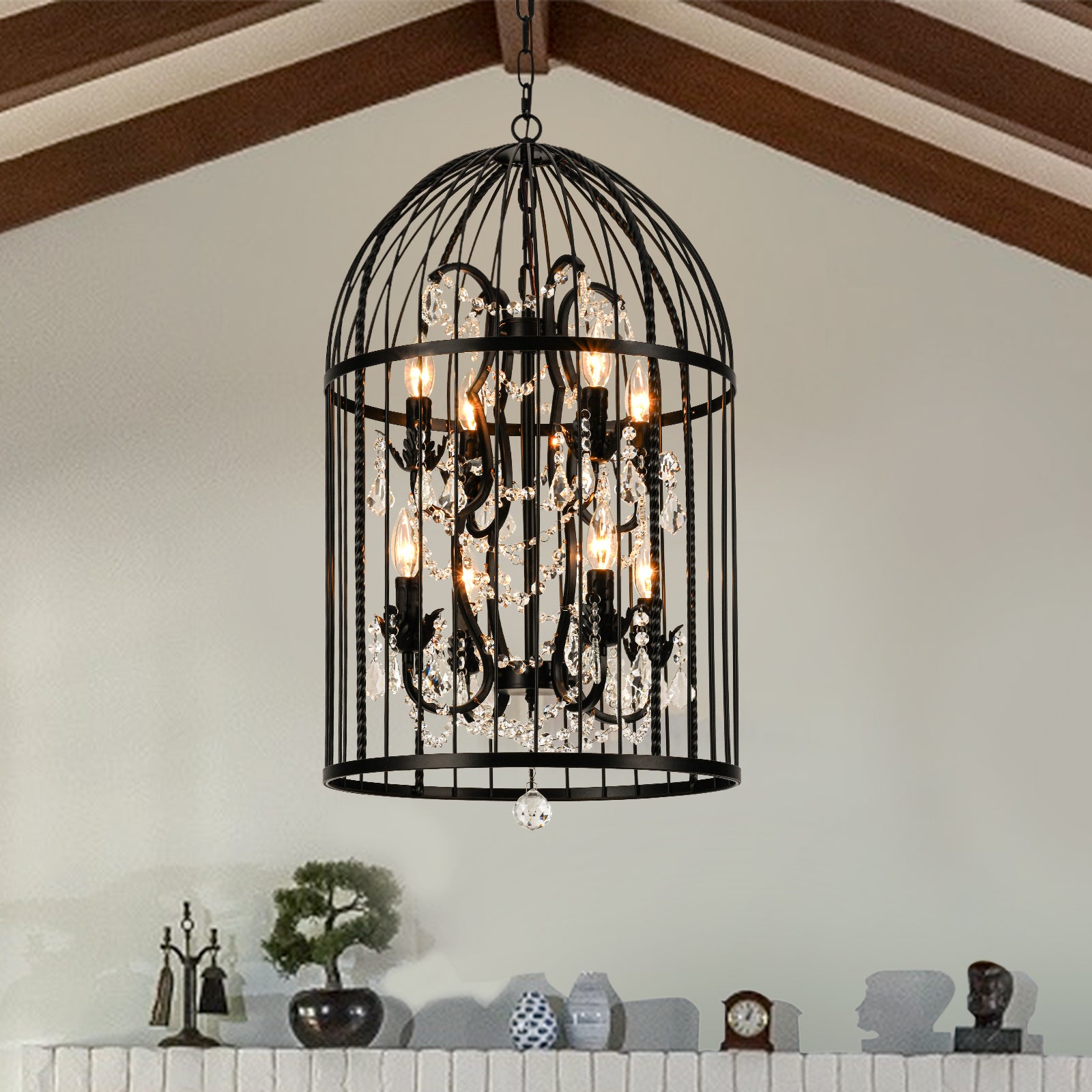 Glowlings 8-flammige Vintage-Pendelleuchte im Vogelkäfig-Stil, 45,7 cm breit, schwarze Laterne mit Kristallakzenten