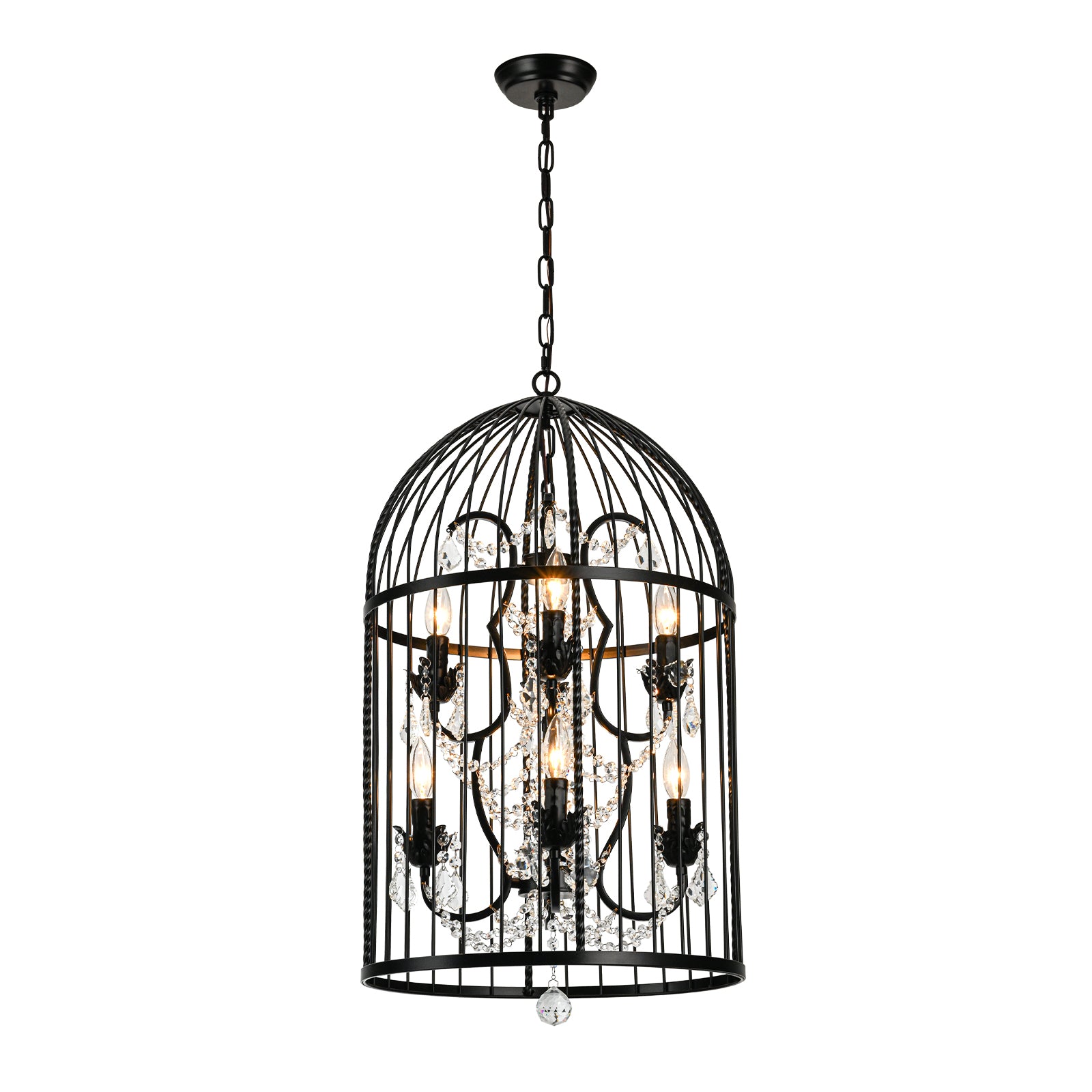 Glowlings 8-flammige Vintage-Pendelleuchte im Vogelkäfig-Stil, 45,7 cm breit, schwarze Laterne mit Kristallakzenten