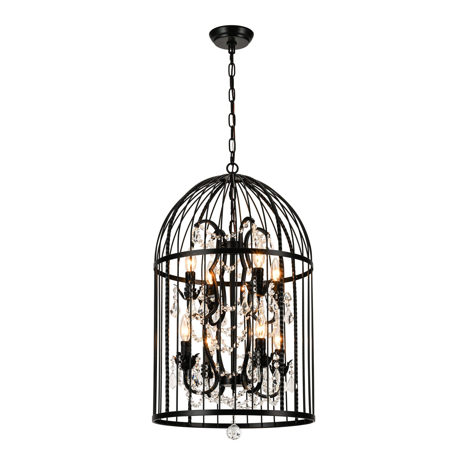 Glowlings 8-flammige Vintage-Pendelleuchte im Vogelkäfig-Stil, 45,7 cm breit, schwarze Laterne mit Kristallakzenten