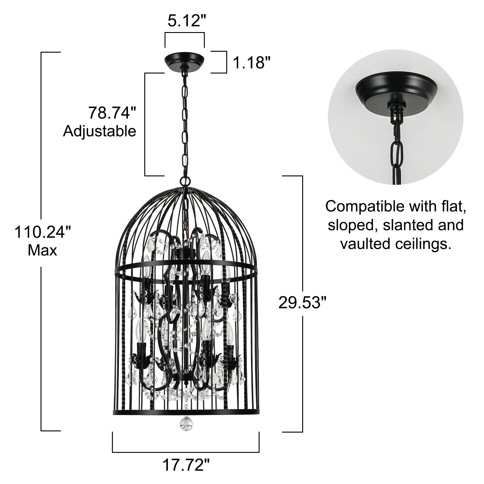 Glowlings 8-flammige Vintage-Pendelleuchte im Vogelkäfig-Stil, 45,7 cm breit, schwarze Laterne mit Kristallakzenten