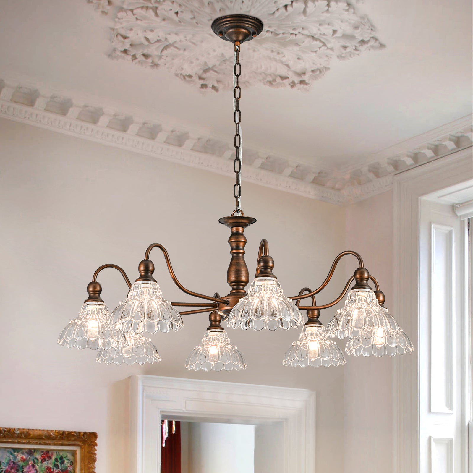 Glowlings 8-flammiger Vintage-Kronleuchter mit großer, blumenförmiger Bronze und klarem Glas, 88,9 cm breit