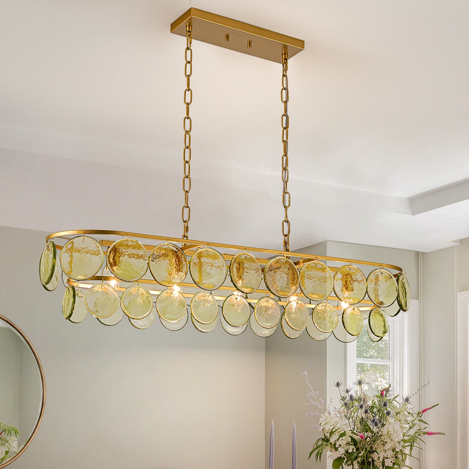 Glowlings 5-flammige Vintage-Pendelleuchte, 40 Zoll breit, groß, gestuft, grünes Strukturglas, linear