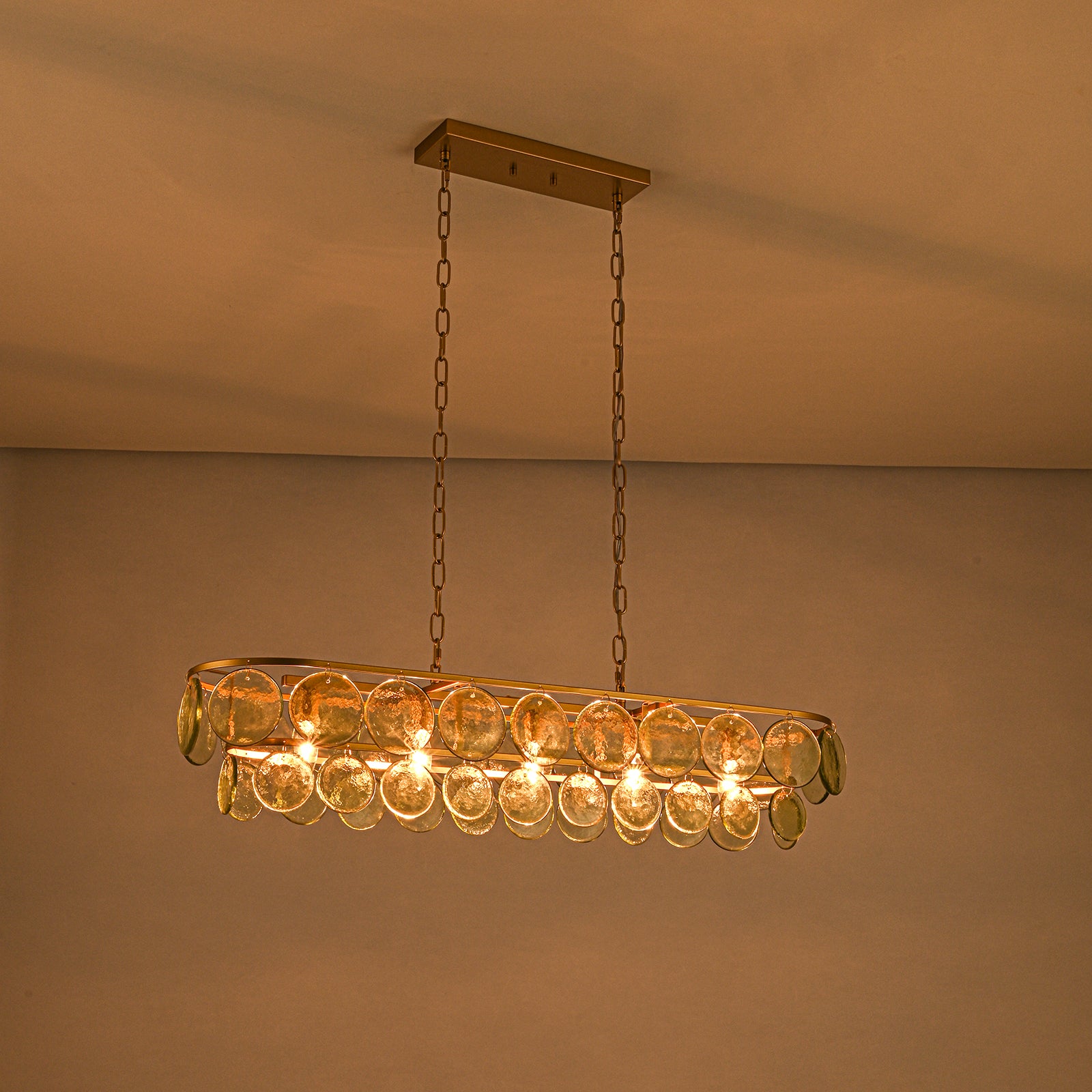 Glowlings 5-flammige Vintage-Pendelleuchte, 40 Zoll breit, groß, gestuft, grünes Strukturglas, linear