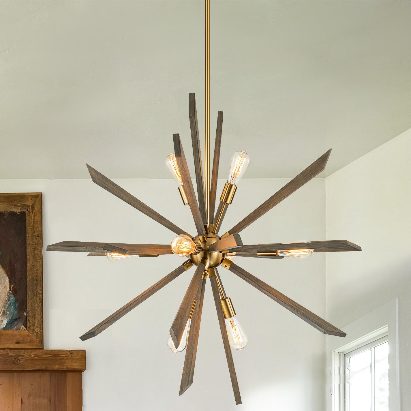 Glowings 8-flammiger Mid-Century-Kronleuchter aus Holz mit Waldorf-Sputnik-Kugel, 40 Zoll breit