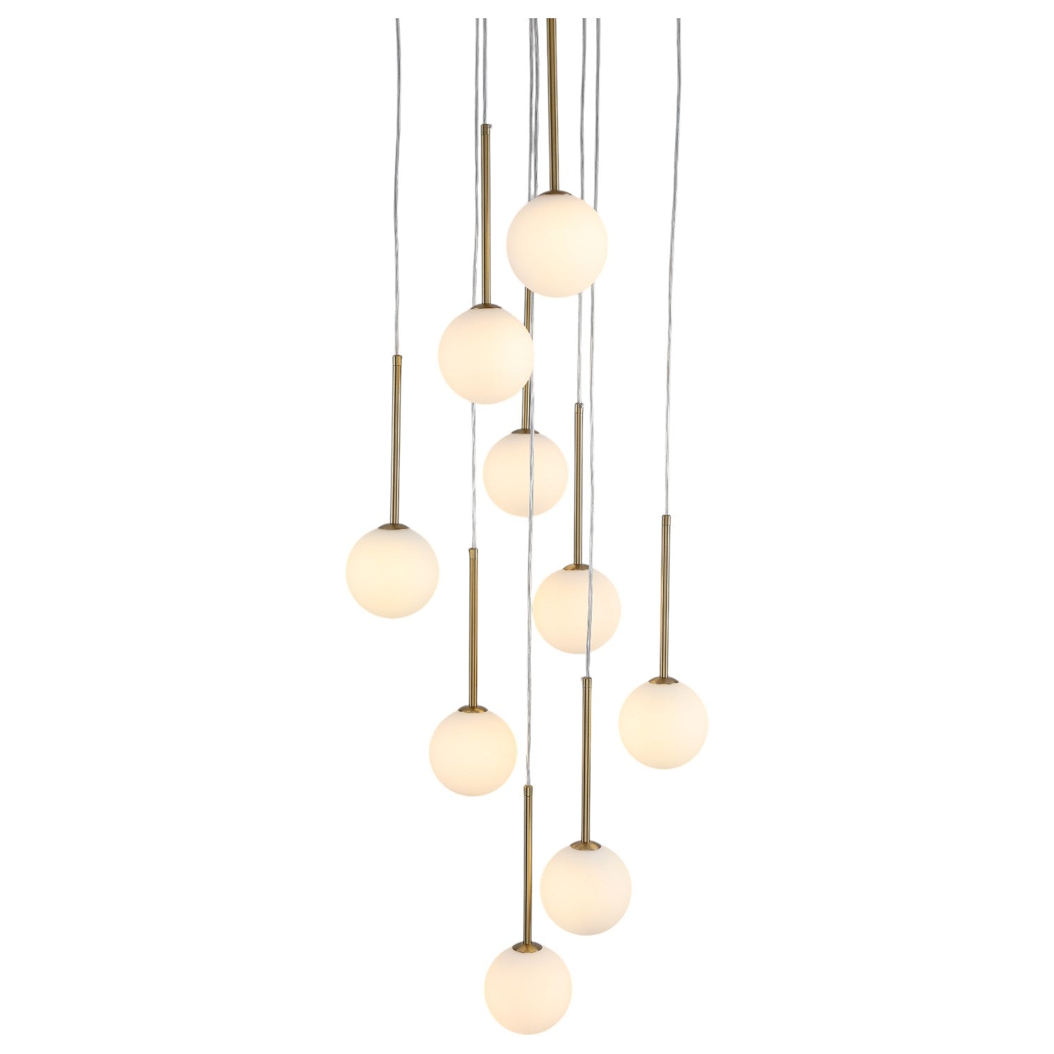 Glowlings Modern 9-Light Brushed Brass Staircase Cluster Chandelier Pendant Lighting with Globe Opal Glass Shades