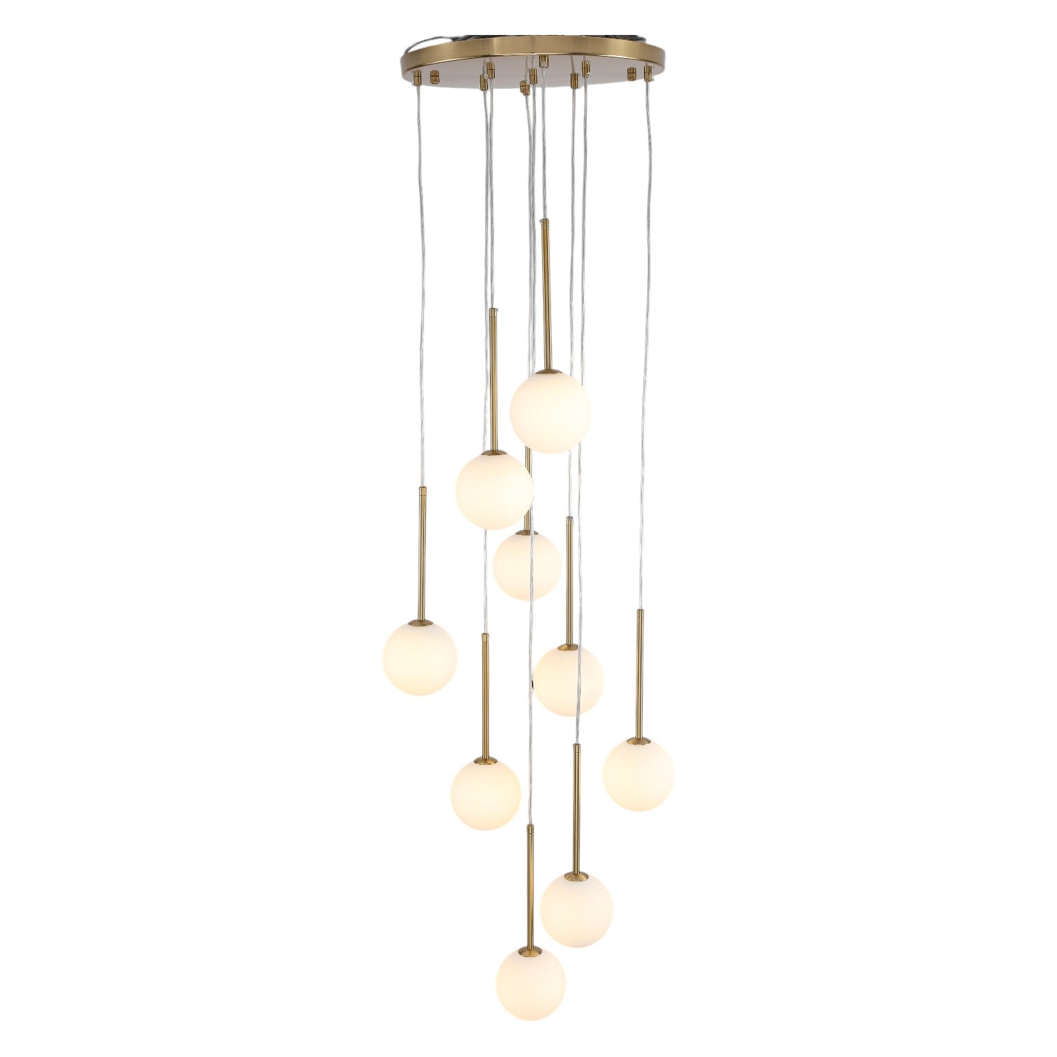 Glowlings Modern 9-Light Brushed Brass Staircase Cluster Chandelier Pendant Lighting with Globe Opal Glass Shades