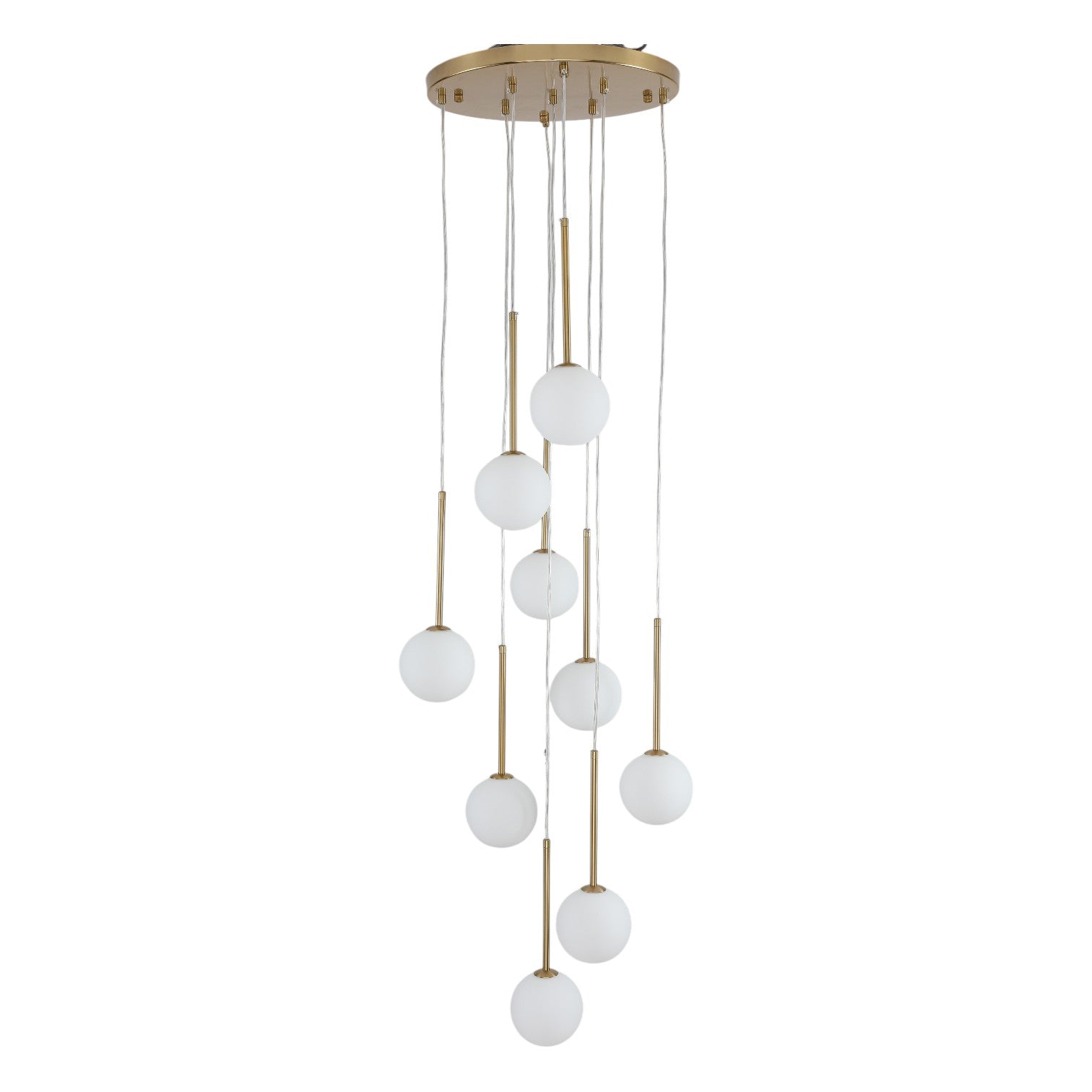 Glowlings Modern 9-Light Brushed Brass Staircase Cluster Chandelier Pendant Lighting with Globe Opal Glass Shades
