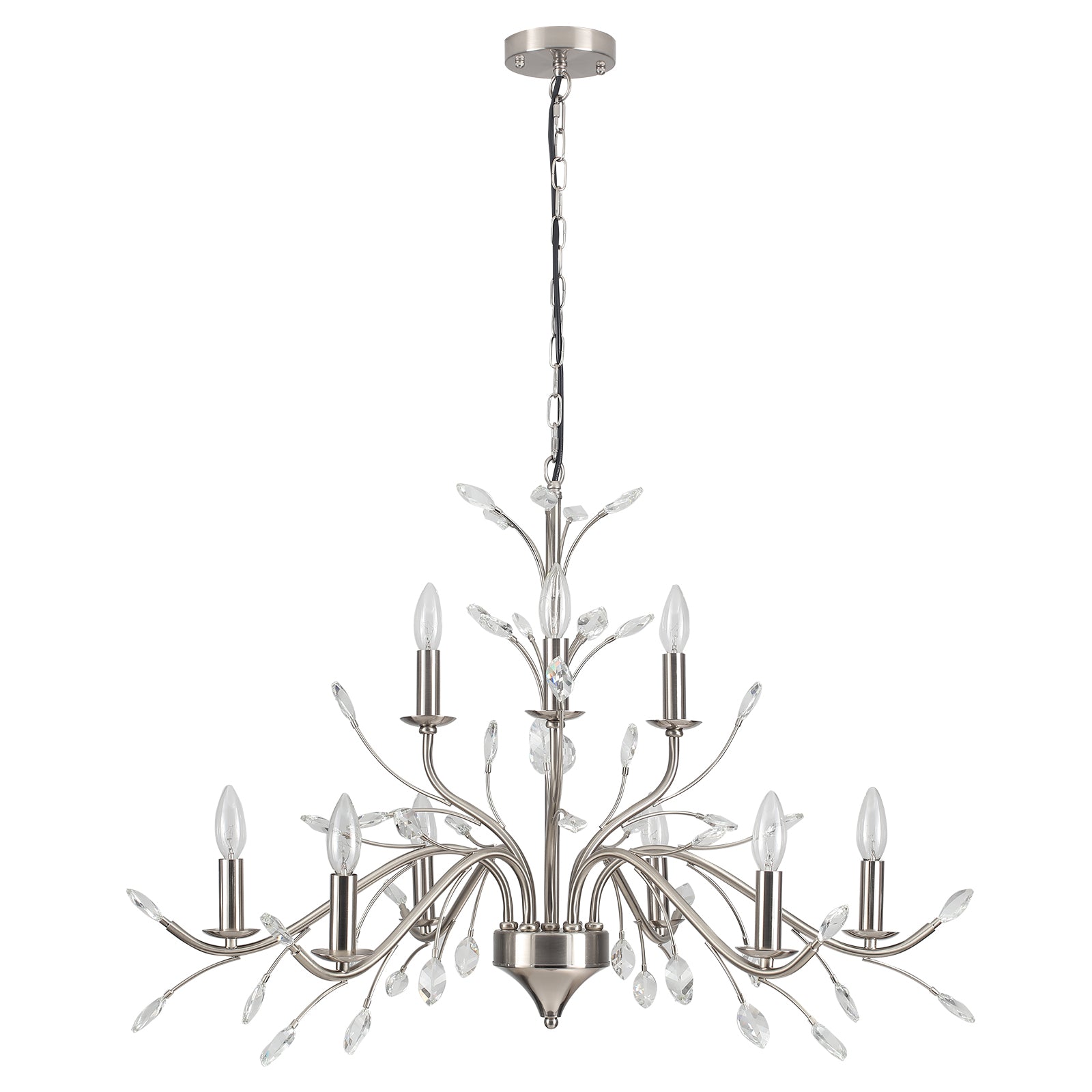 Glowlings 9-flammiger moderner 36" breiter großer Nickel-Kronleuchter im Kerzenstil mit Kristallakzenten