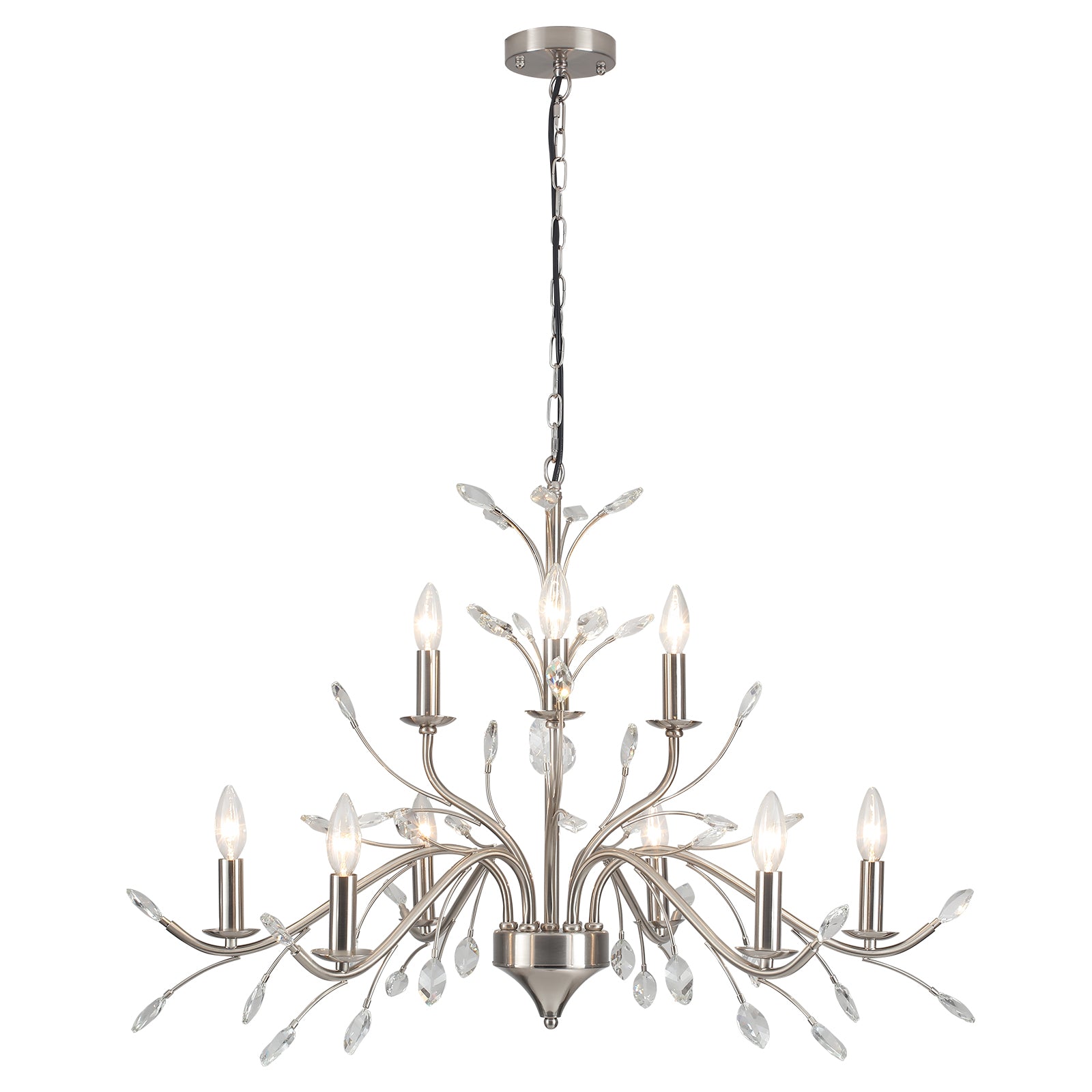 Glowlings 9-flammiger moderner 36" breiter großer Nickel-Kronleuchter im Kerzenstil mit Kristallakzenten