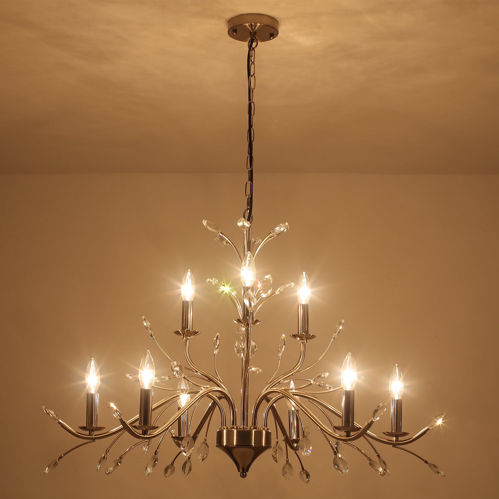 Glowlings 9-flammiger moderner 36" breiter großer Nickel-Kronleuchter im Kerzenstil mit Kristallakzenten