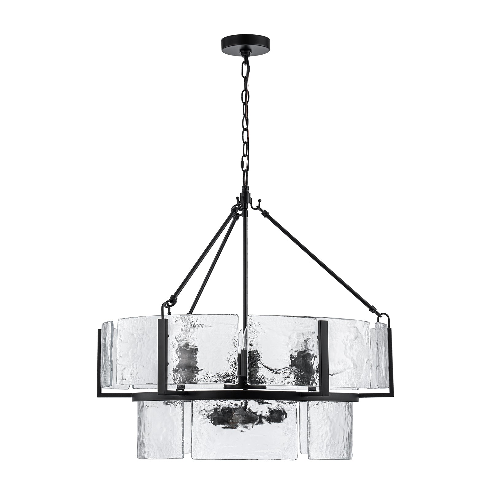 Glowlings 9-Light Modern 28"Wide 2-Tier Black Round Handcrafted Water Ripple Clear Glass Chandelier