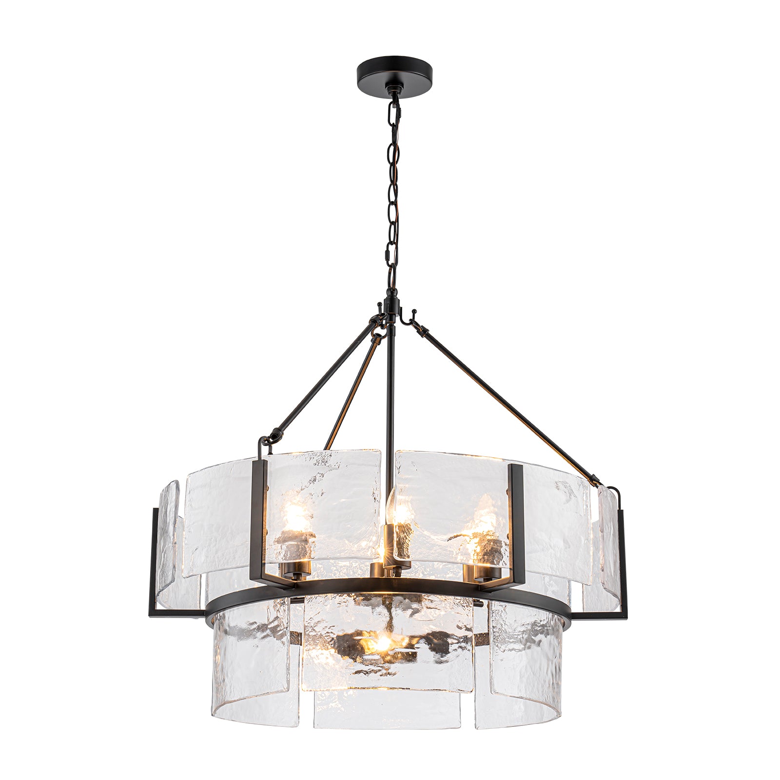 Glowlings 9-Light Modern 28"Wide 2-Tier Black Round Handcrafted Water Ripple Clear Glass Chandelier
