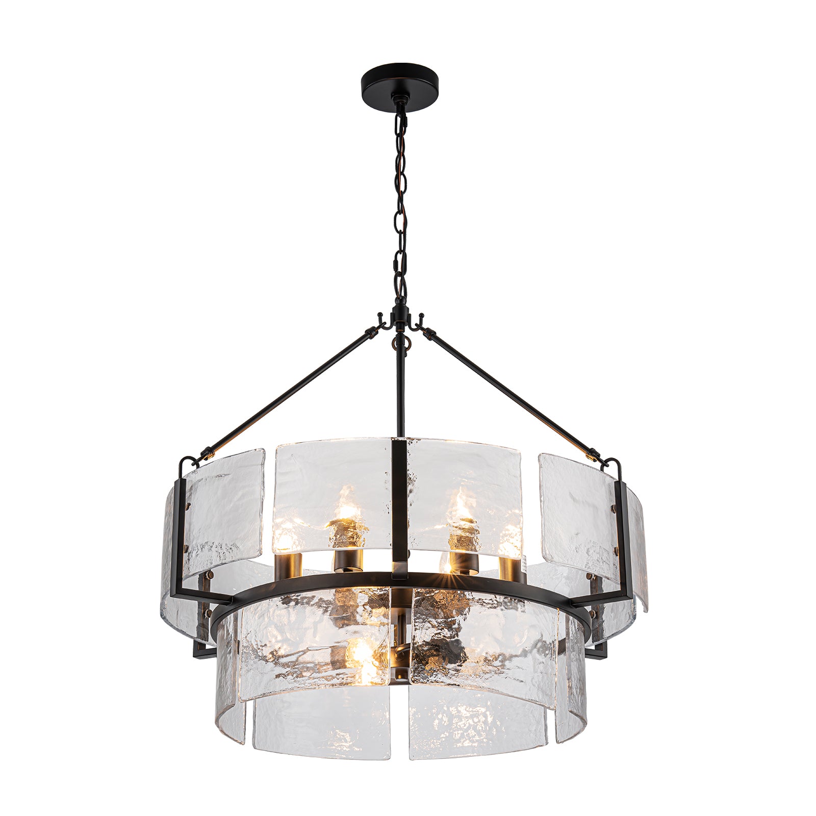 Glowlings 9-Light Modern 28"Wide 2-Tier Black Round Handcrafted Water Ripple Clear Glass Chandelier
