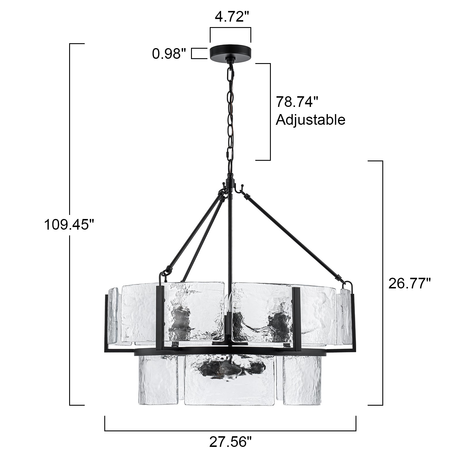 Glowlings 9-Light Modern 28"Wide 2-Tier Black Round Handcrafted Water Ripple Clear Glass Chandelier