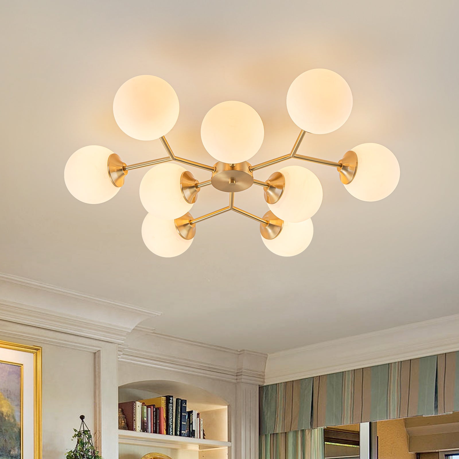 LLHZSY Lucie 38.58 in. 15-Light Brass Modern Sputnik Semi-Flush Mount Ceiling Light with Globe Glass Shades, image size:1600x1600