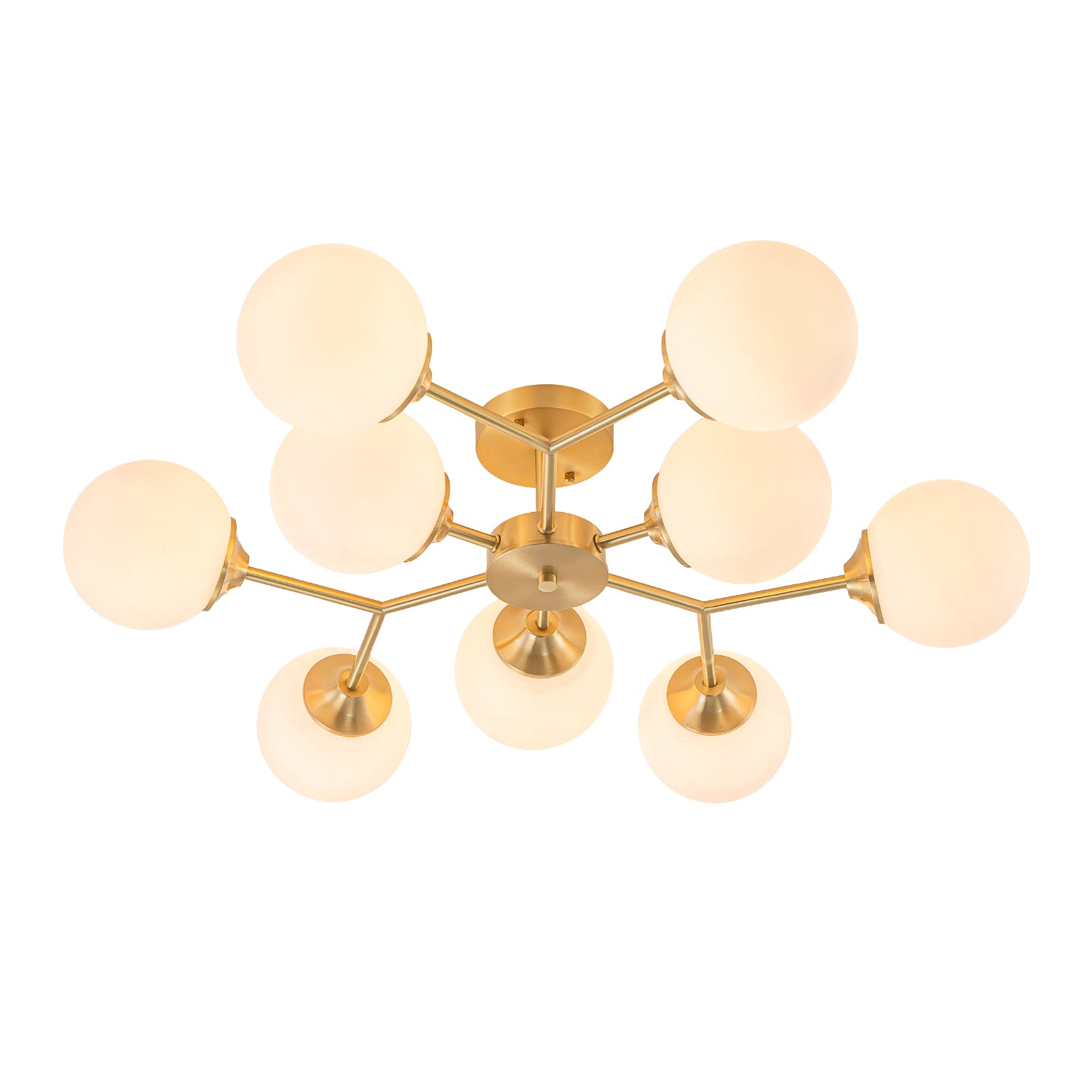 Glowlings 9/15-flammige moderne große Sputnik-Leuchte aus Messing mit Opalglas, halbbündige Montage