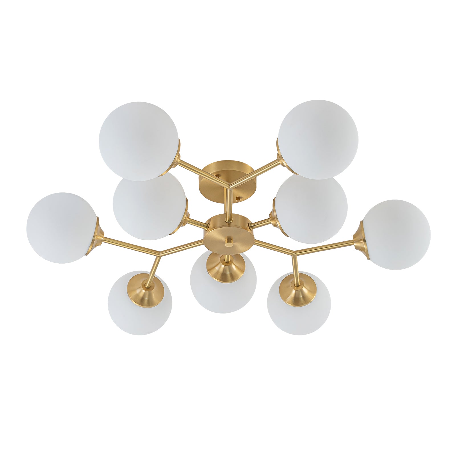 Glowlings 9/15-flammige moderne große Sputnik-Leuchte aus Messing mit Opalglas, halbbündige Montage