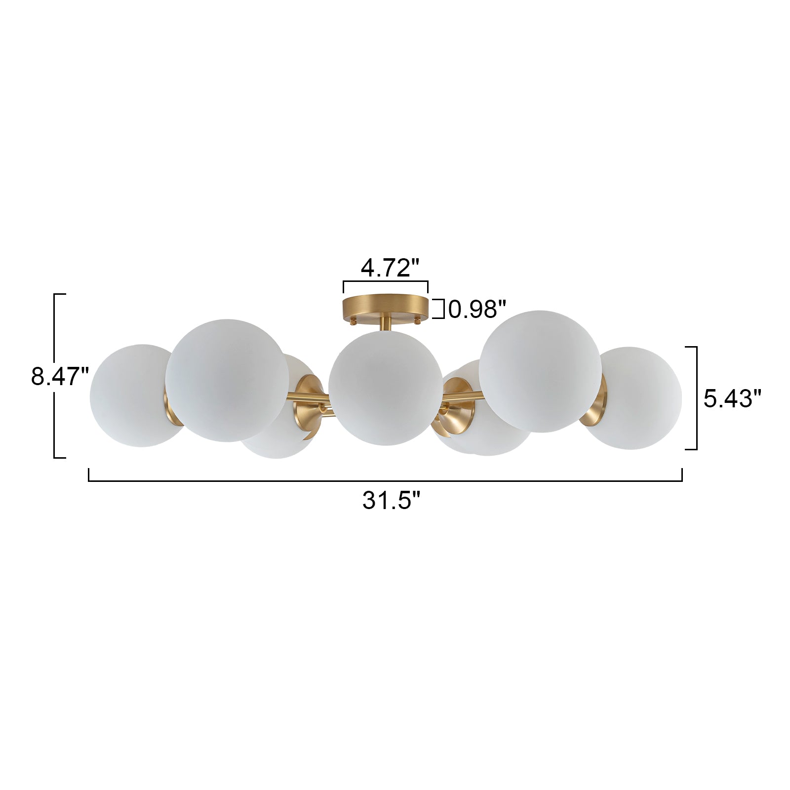 Glowlings 9/15-flammige moderne große Sputnik-Leuchte aus Messing mit Opalglas, halbbündige Montage