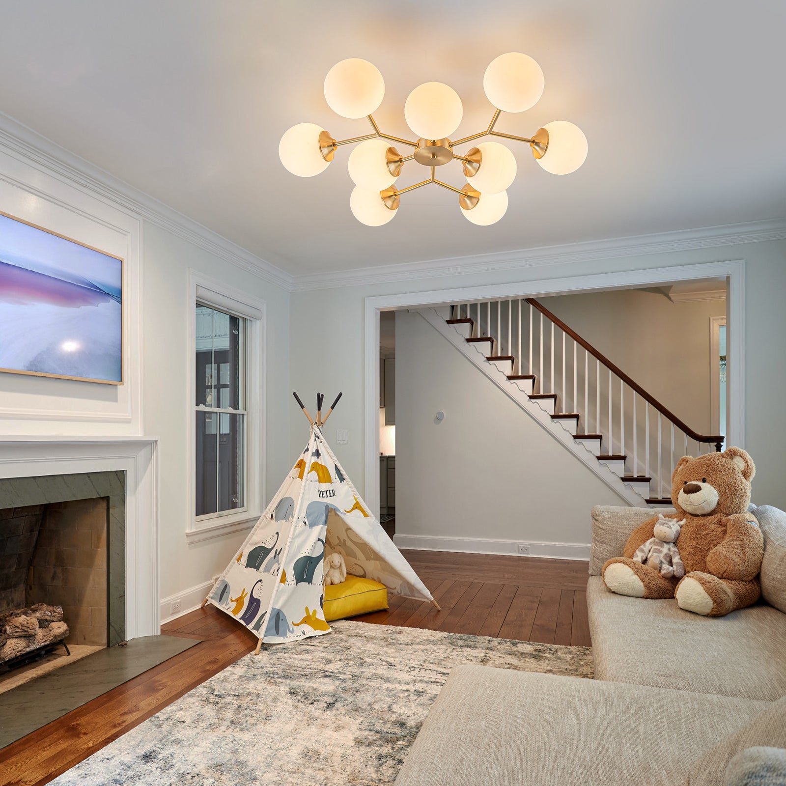 Glowlings 9/15-flammige moderne große Sputnik-Leuchte aus Messing mit Opalglas, halbbündige Montage