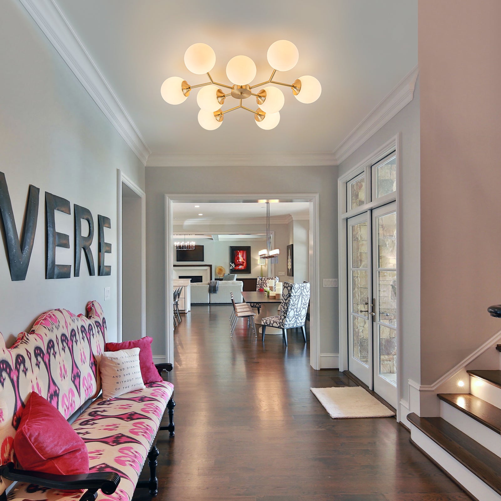 Glowlings 9/15-flammige moderne große Sputnik-Leuchte aus Messing mit Opalglas, halbbündige Montage