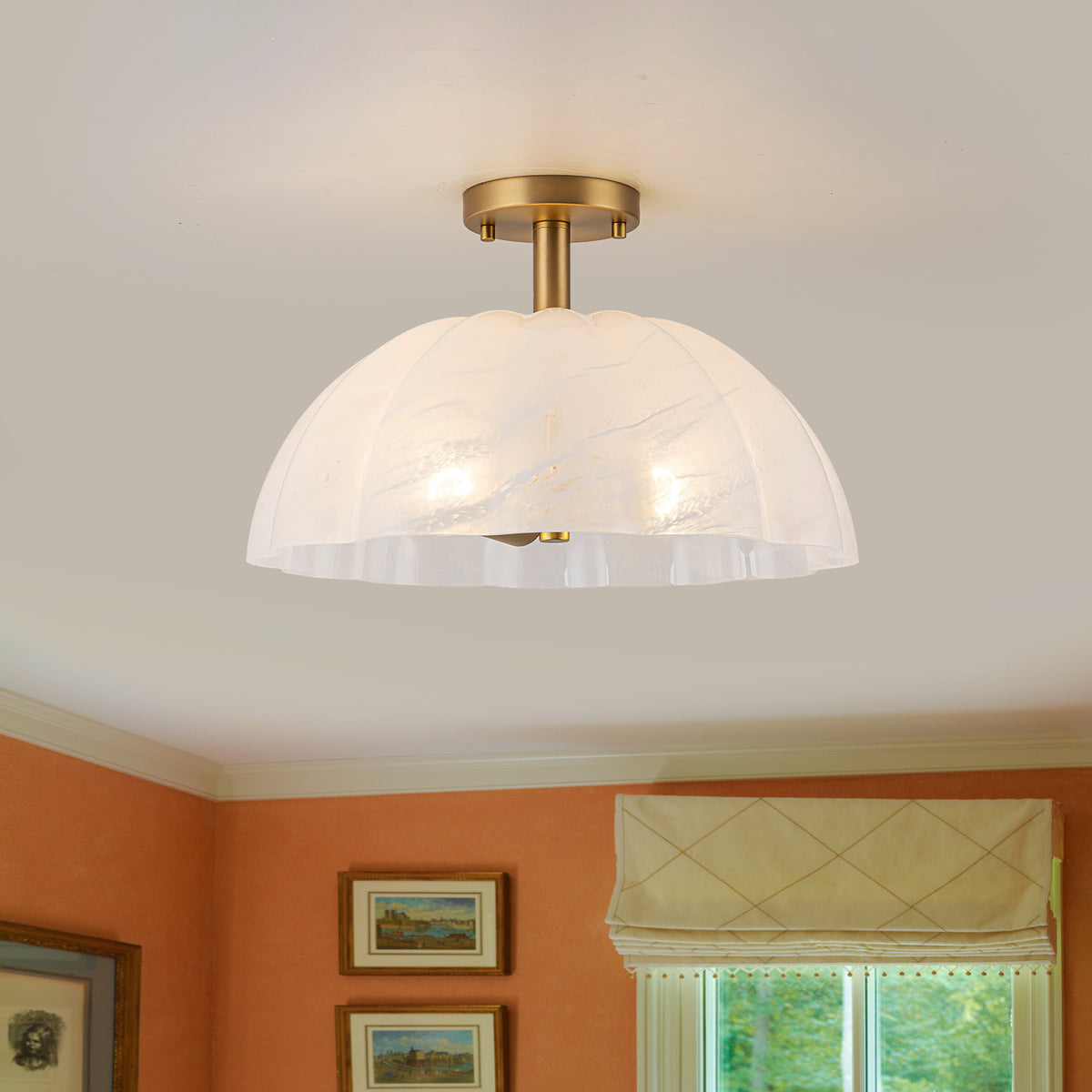 Glowlings Brass 3-Light Scalloped Glass Semi Flush Mount Ceiling Light, Vintage Petal Cloud Glass Light Fixture